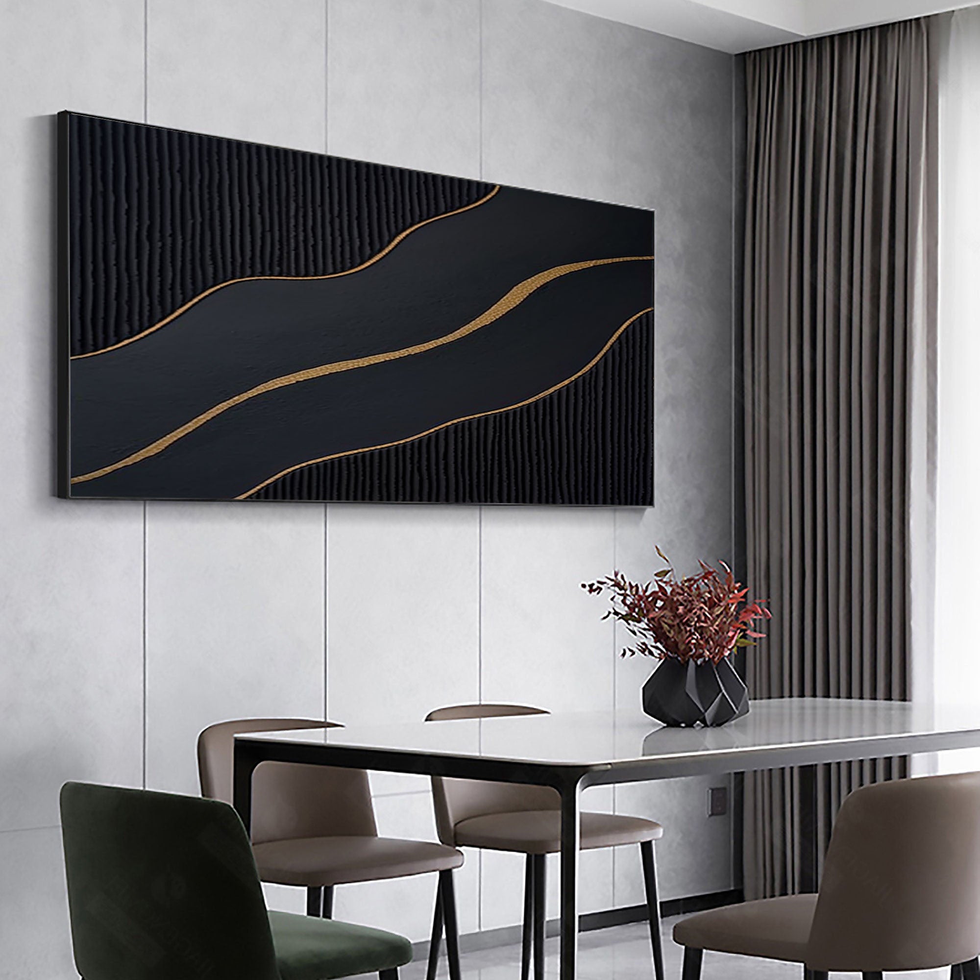 Ebony Waves: Luxe Black & Gold Abstract Canvas