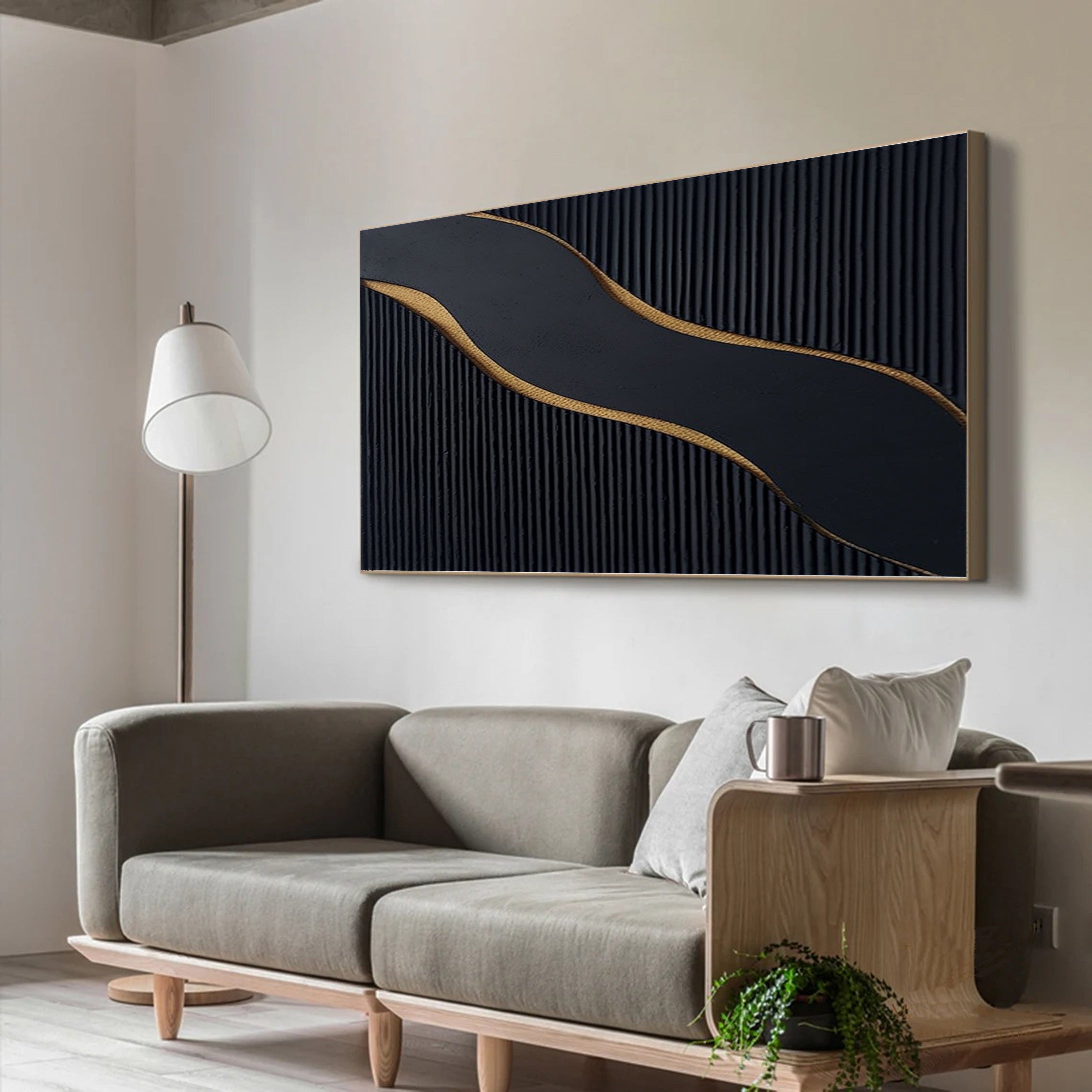 Ebony Waves: Horizontal Black & Gold Abstract Canvas