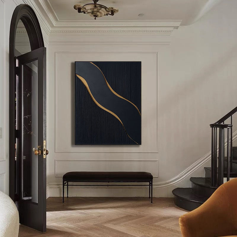 Ebony Waves: Luxurious Black & Gold Vertical Canvas for Elegant Interiors