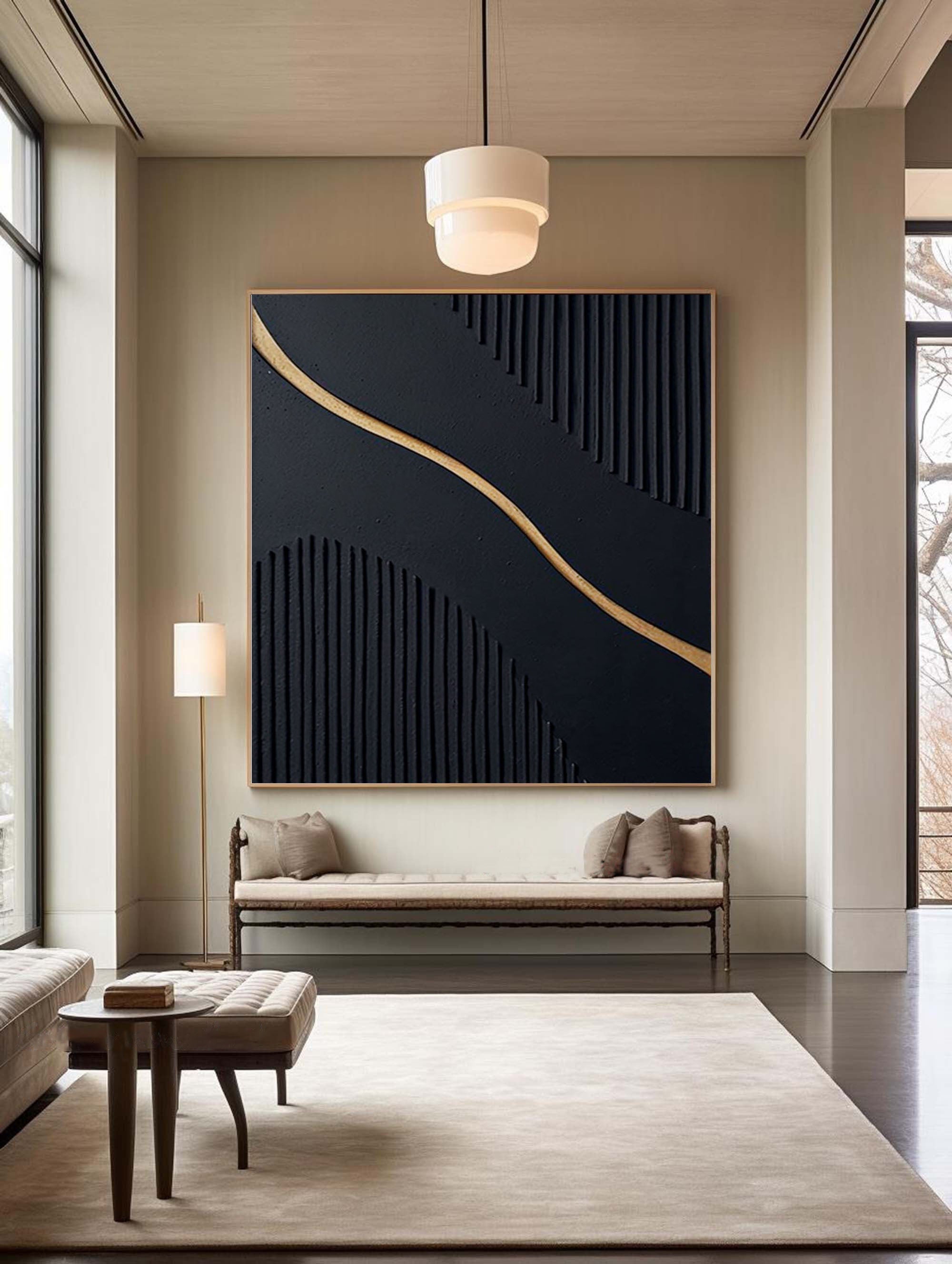 Golden Wave: Black Textured Abstract Canvas Art