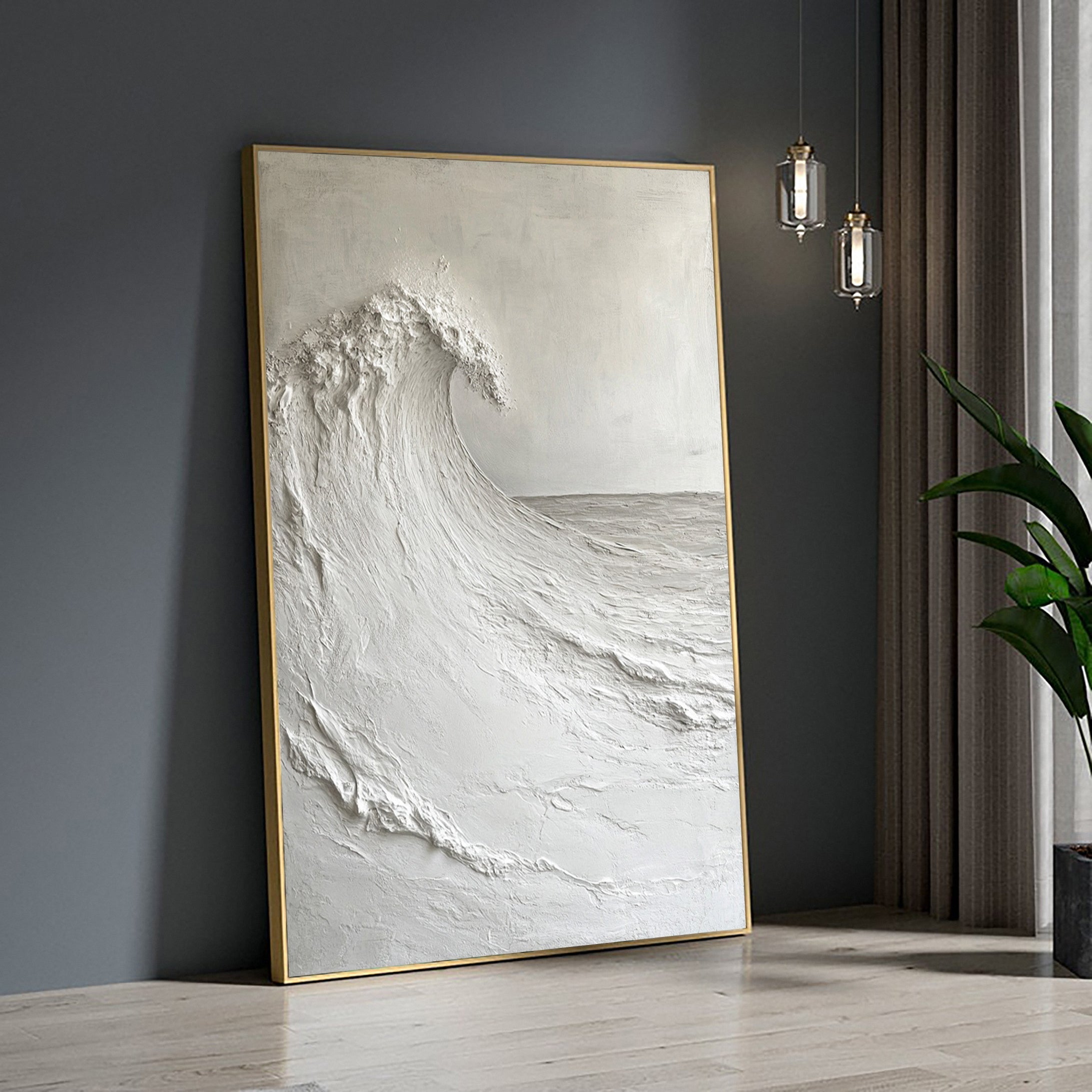 Echo of Tranquility: Monochromatic Wave Art in Textured Detail