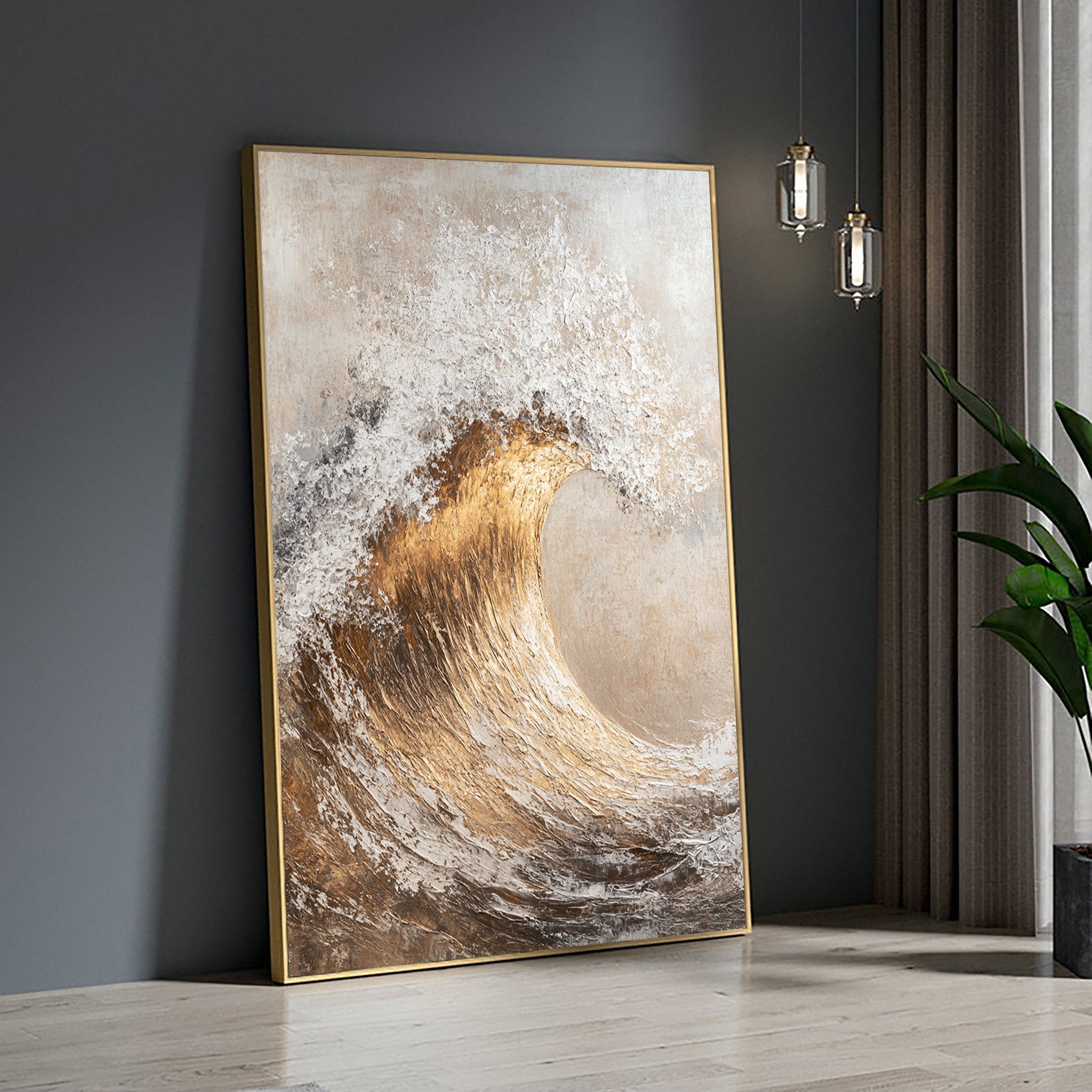 Golden Surge: Luxurious Wave Art in Textured Gold