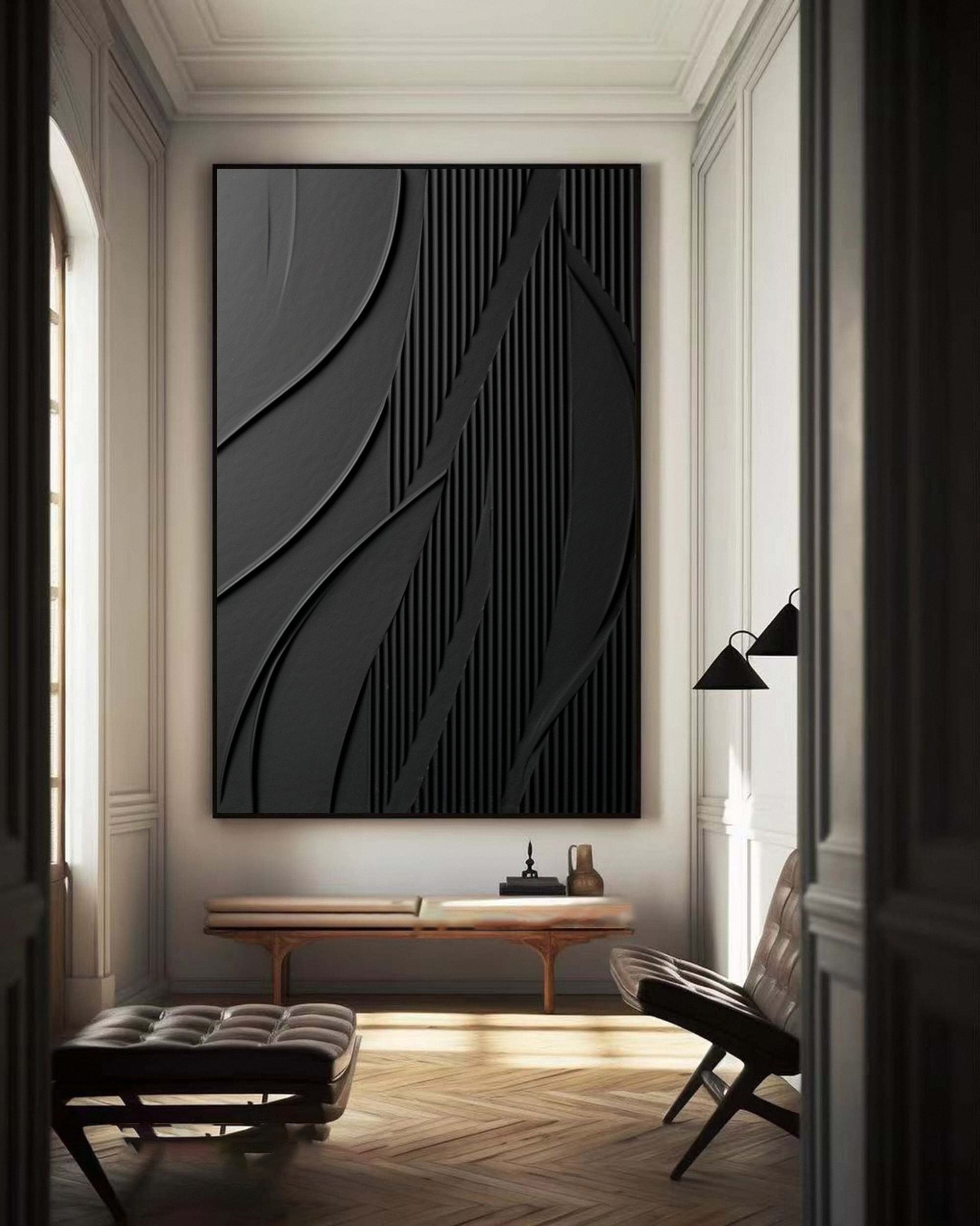 Nocturnal Flow: Black Abstract Textured Canvas