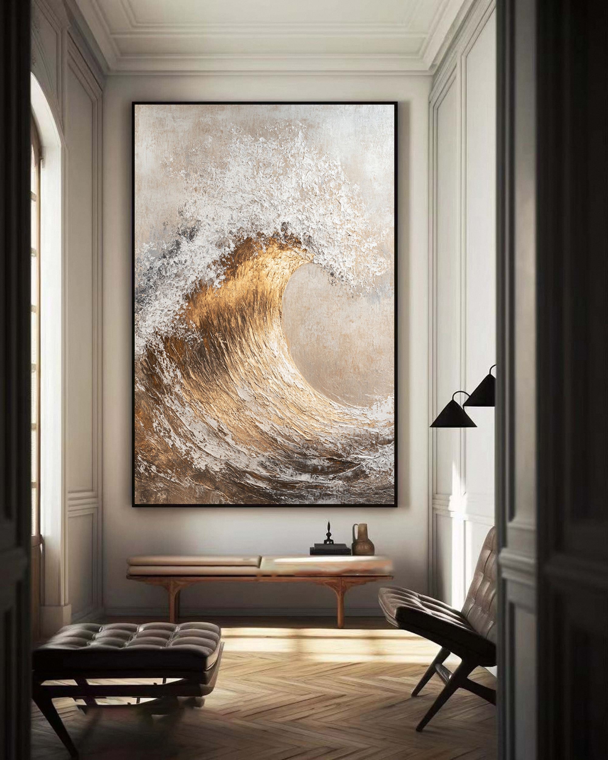 Golden Surge: Luxurious Wave Art in Textured Gold