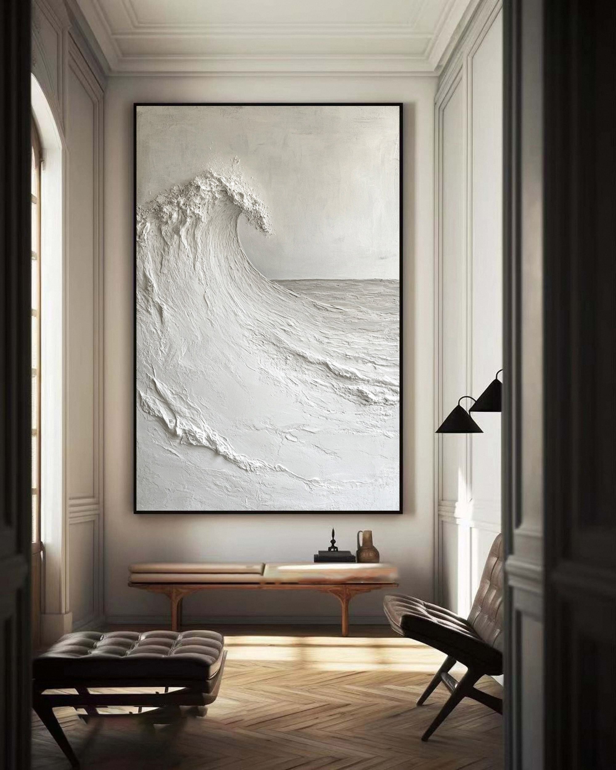 Echo of Tranquility: Monochromatic Wave Art in Textured Detail