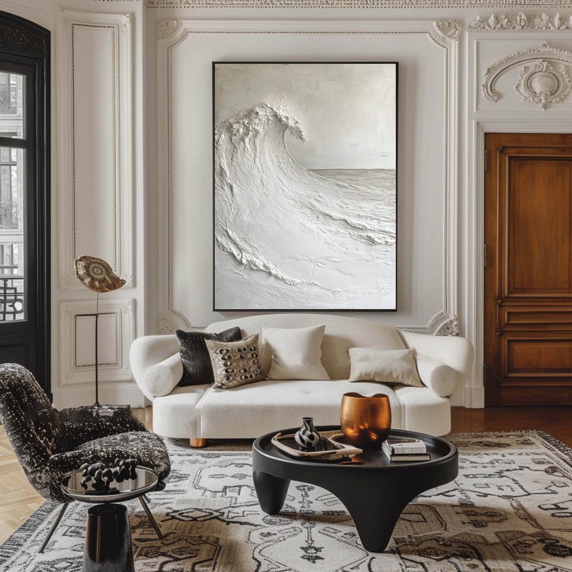 Echo of Tranquility: Monochromatic Wave Art in Textured Detail