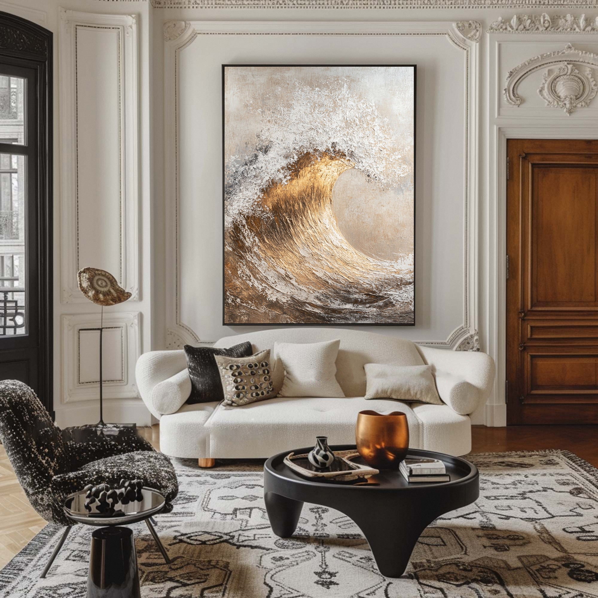 Golden Surge: Luxurious Wave Art in Textured Gold