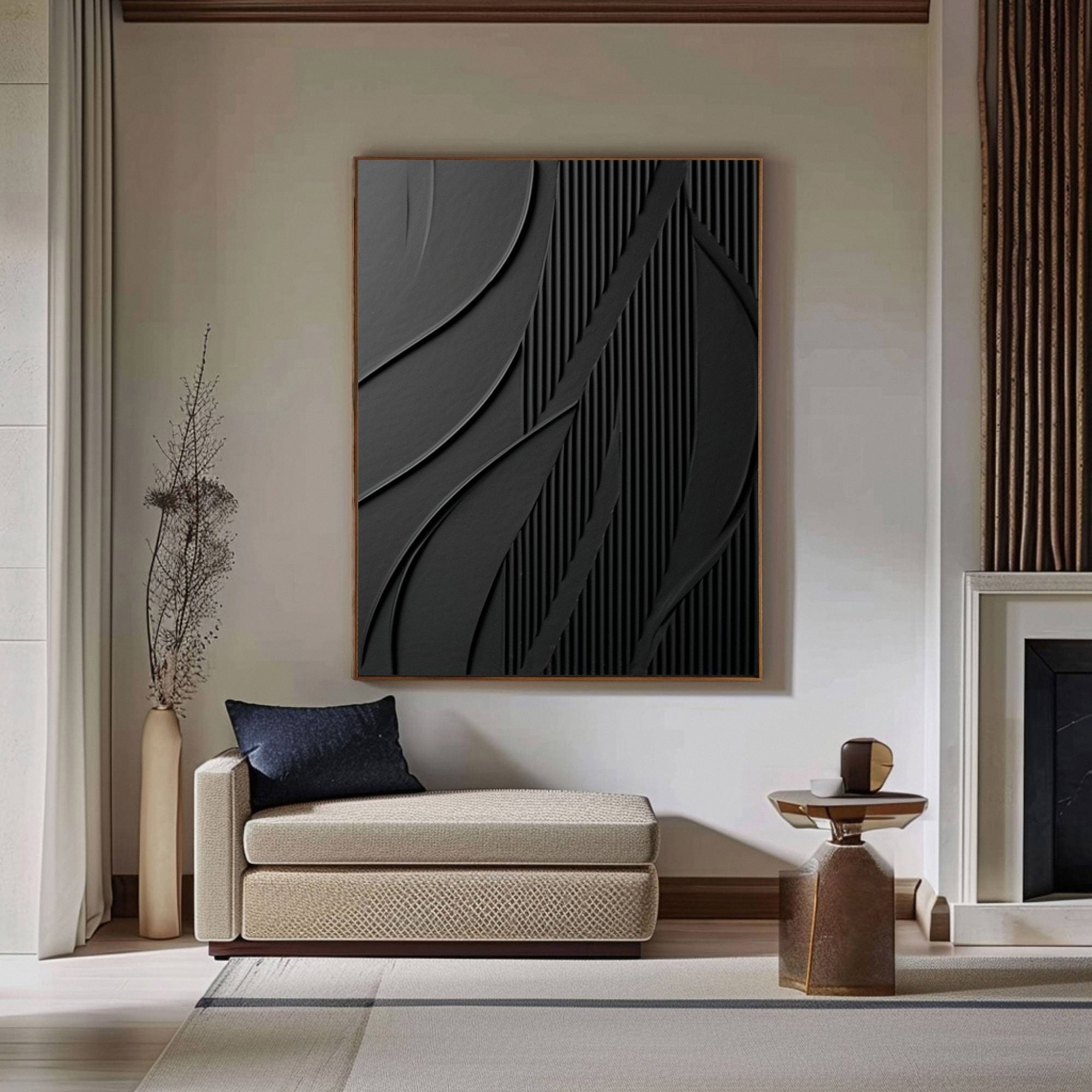 Nocturnal Flow: Black Abstract Textured Canvas