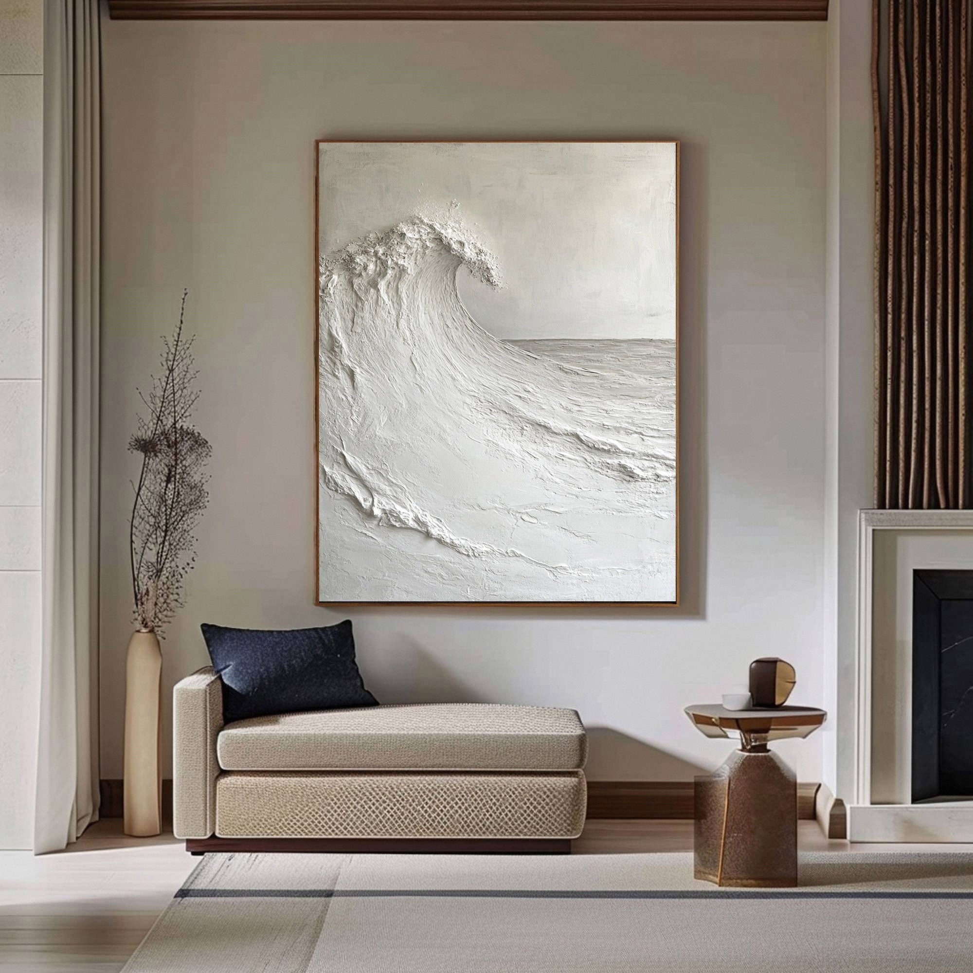 Echo of Tranquility: Monochromatic Wave Art in Textured Detail