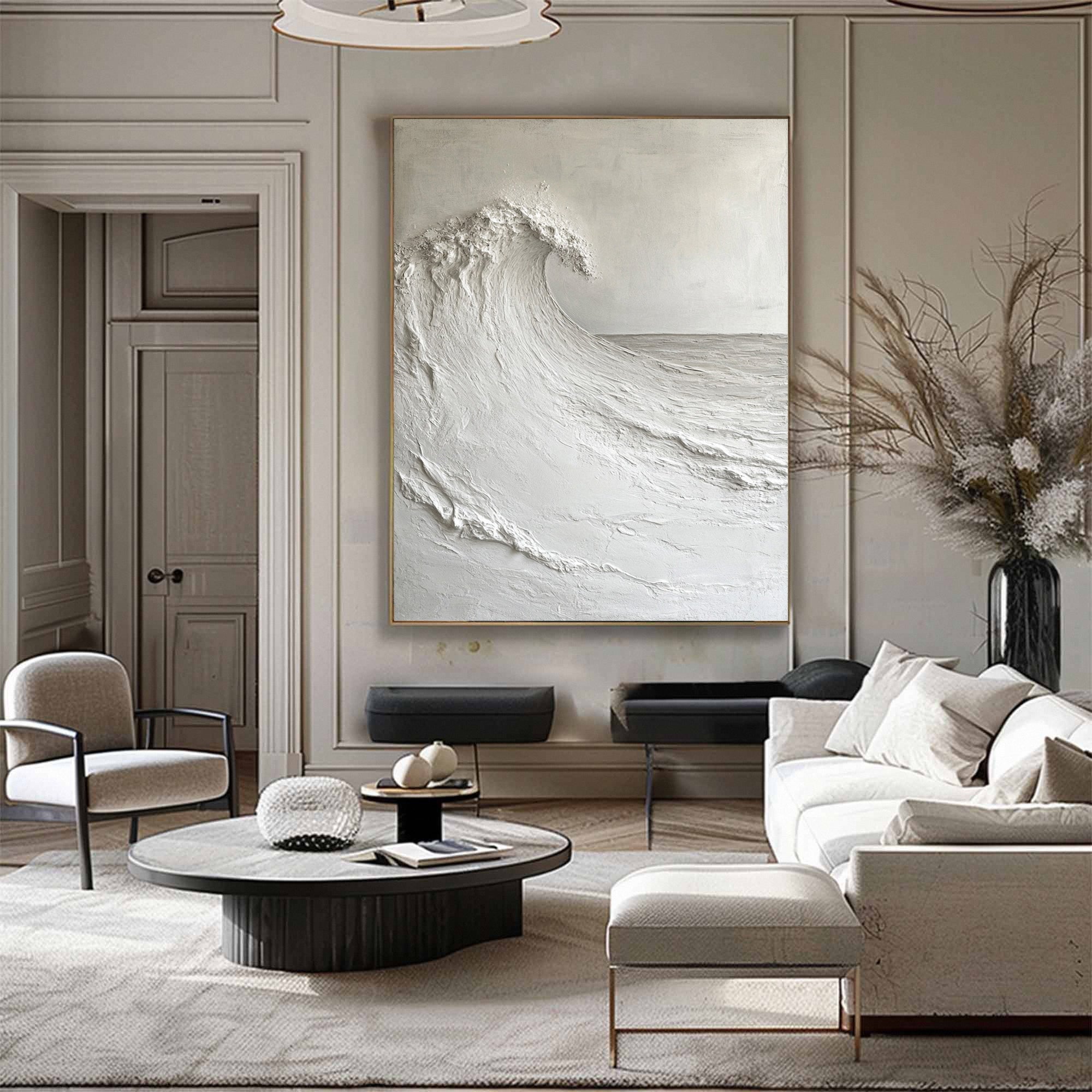 Echo of Tranquility: Monochromatic Wave Art in Textured Detail