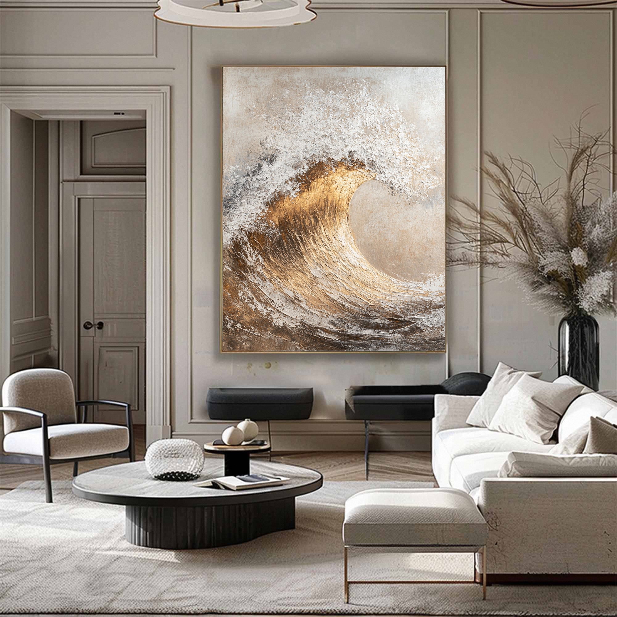 Golden Surge: Luxurious Wave Art in Textured Gold