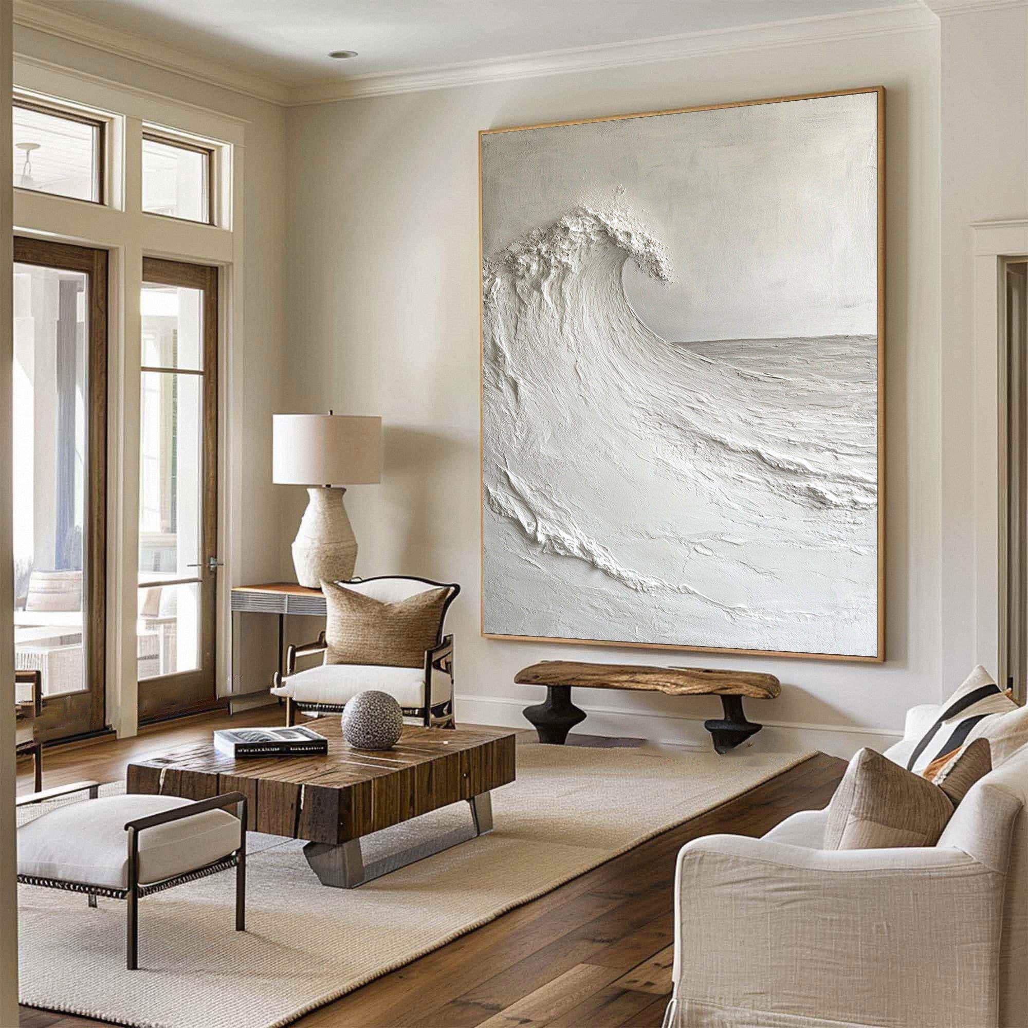 Echo of Tranquility: Monochromatic Wave Art in Textured Detail