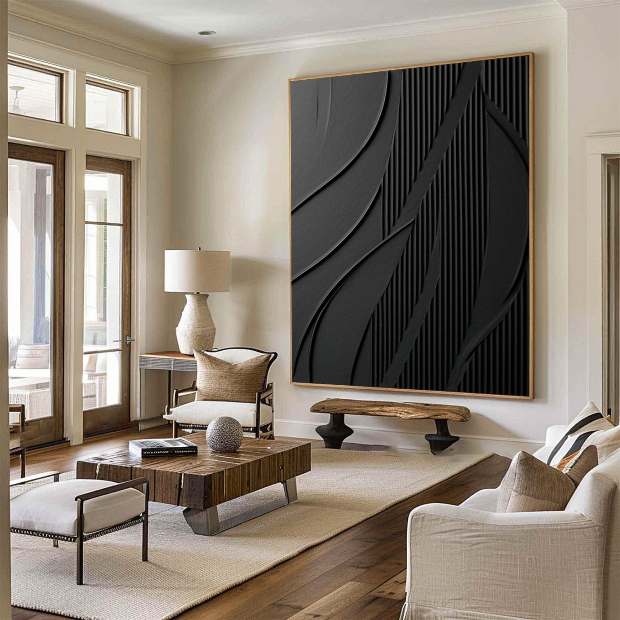 Nocturnal Flow: Black Abstract Textured Canvas