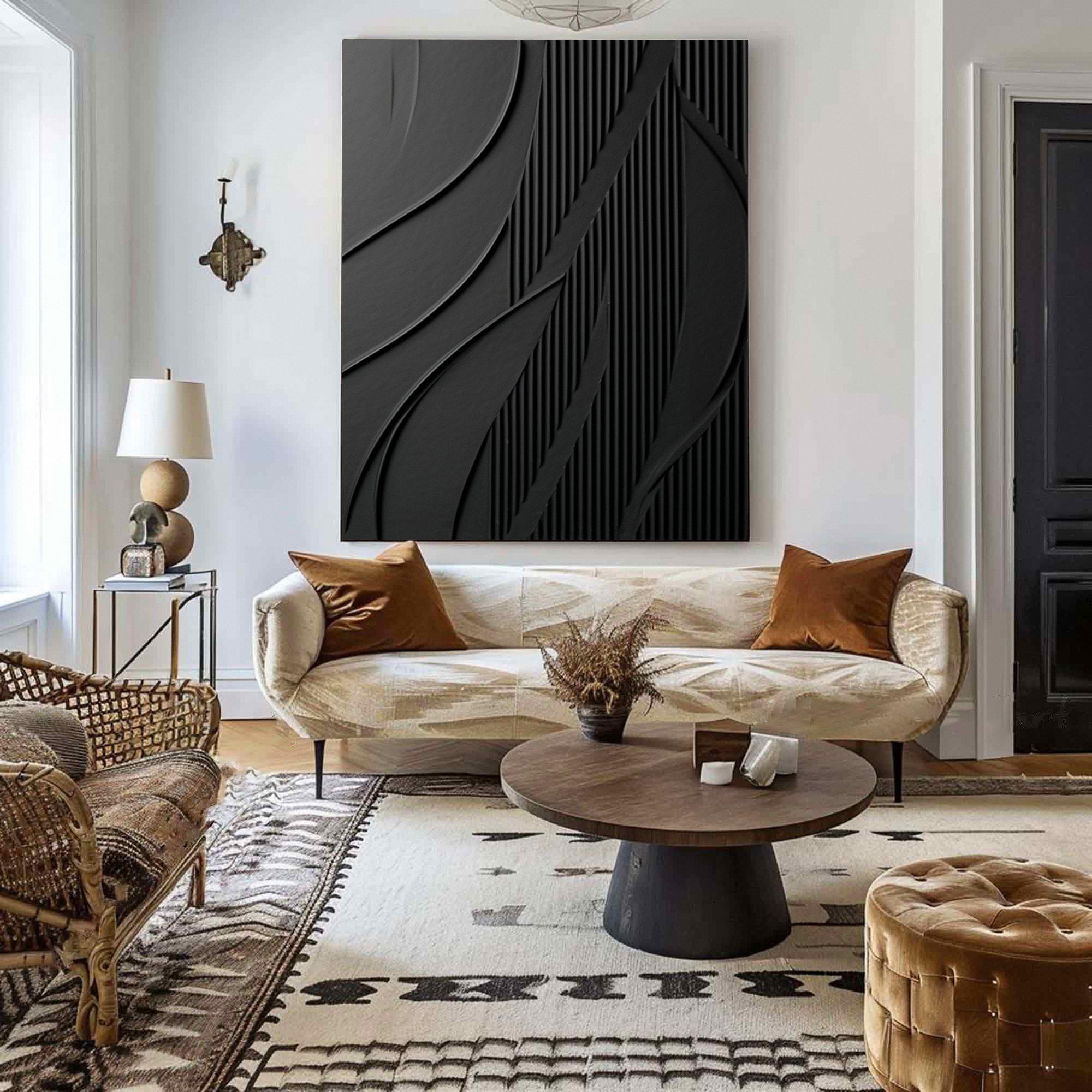 Nocturnal Flow: Black Abstract Textured Canvas