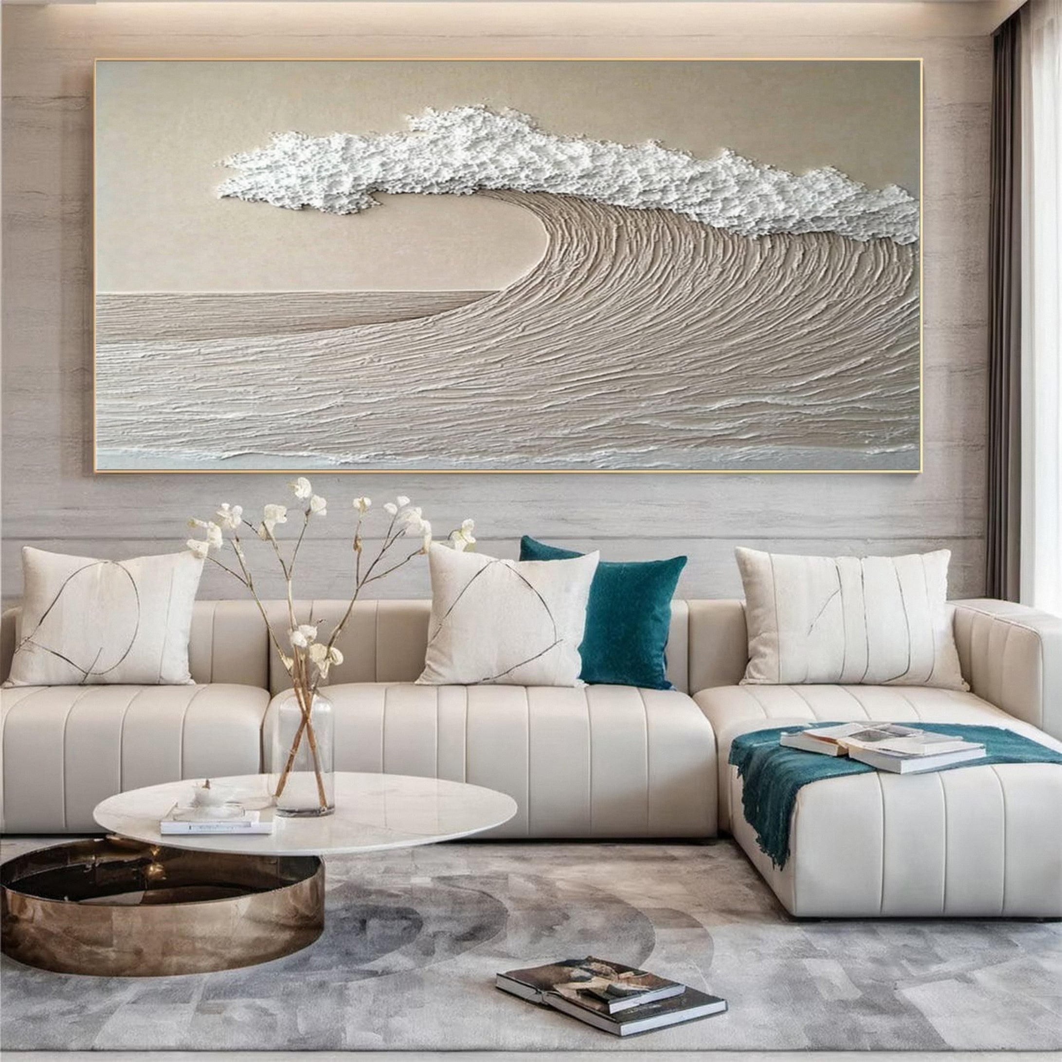 "Serene Horizon" – Minimalist Textured Wave Painting in Neutral Tones