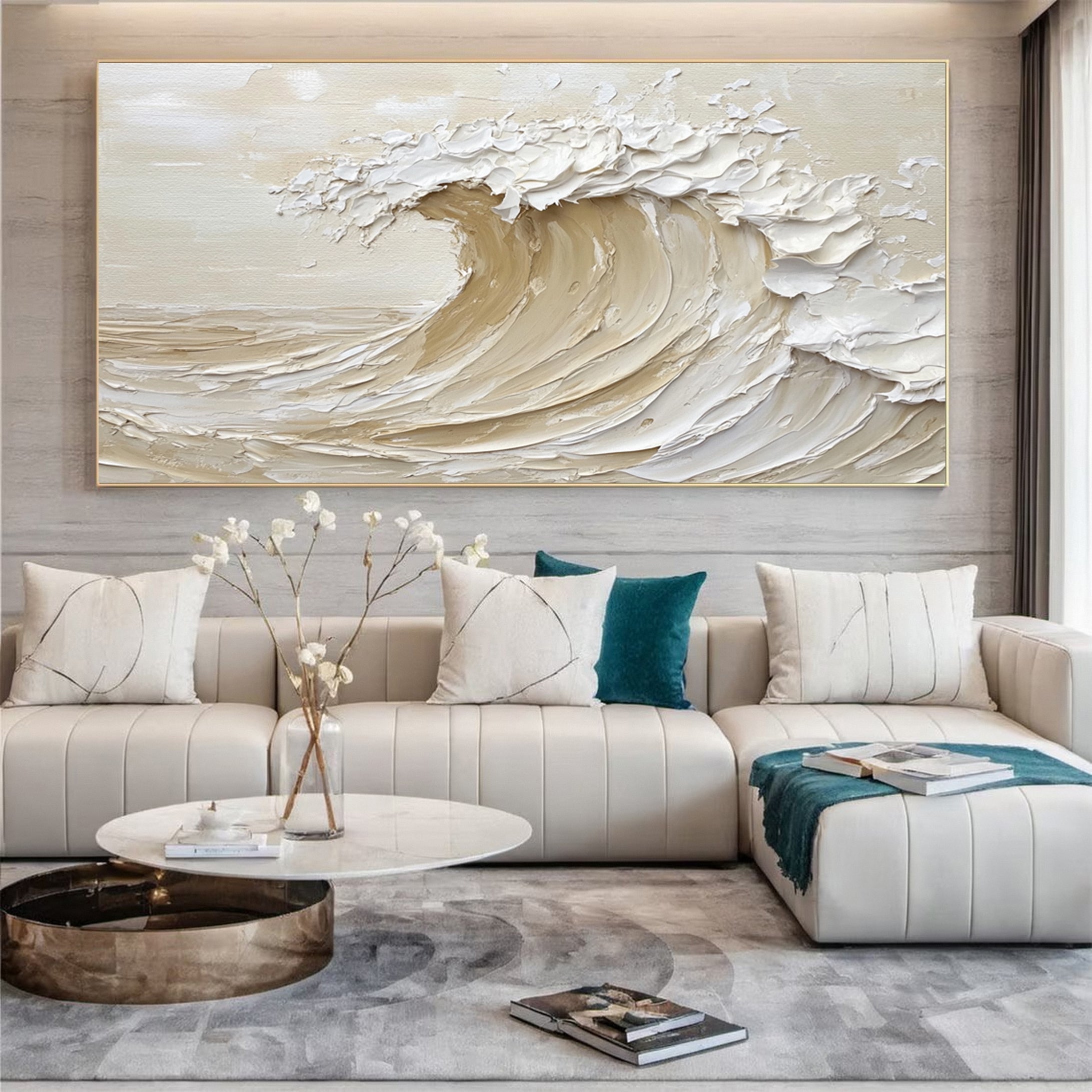 "Golden Crest" – Textured Abstract Wave Art in Warm Neutral Tones