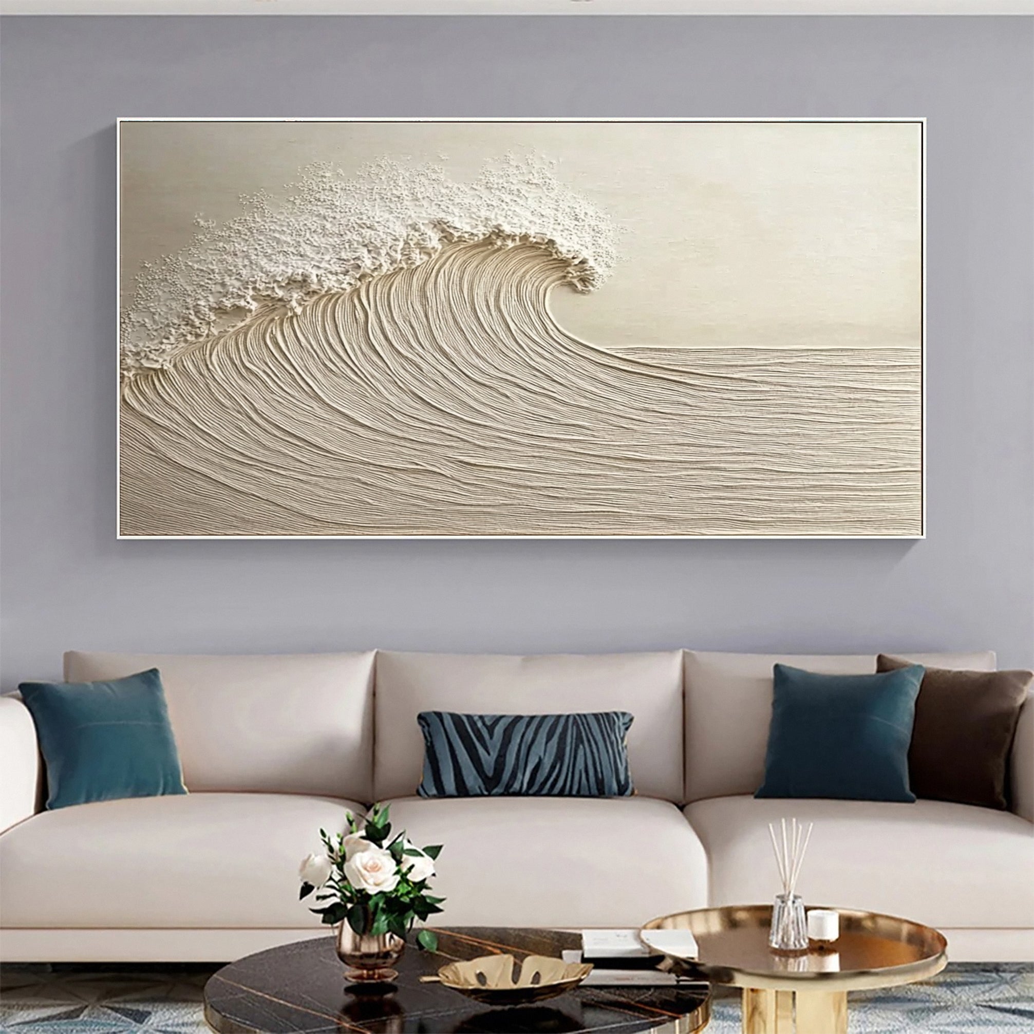 "Eternal Flow" – Textured Minimalist Ocean Wave Canvas Wall Art in Soft Neutrals