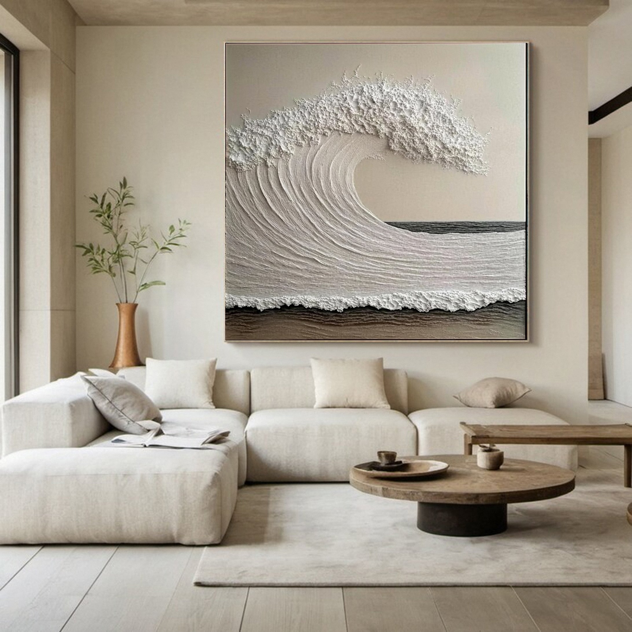 "Whispering Crest" – Textured Ocean Wave Canvas Wall Art in Neutral Tones