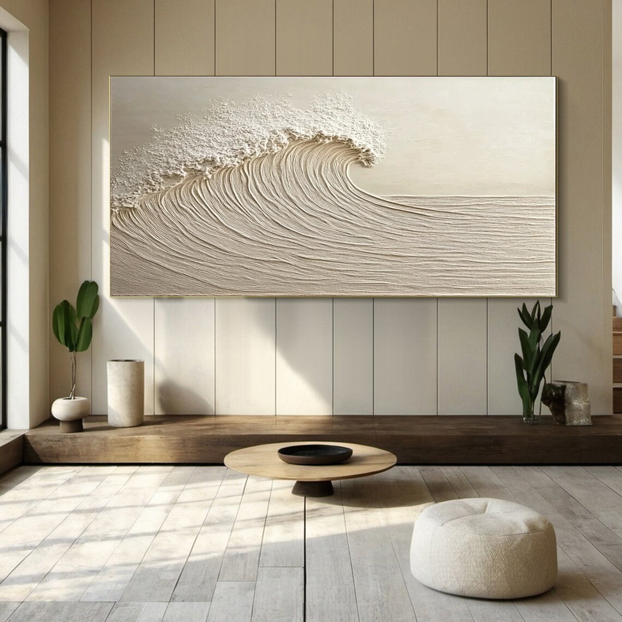 "Eternal Flow" – Textured Minimalist Ocean Wave Canvas Wall Art in Soft Neutrals