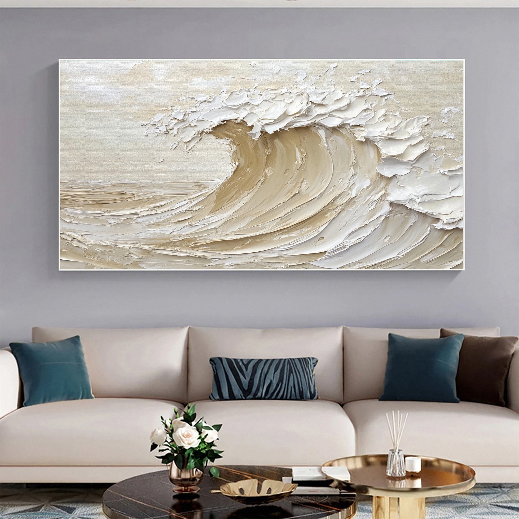 "Golden Crest" – Textured Abstract Wave Art in Warm Neutral Tones