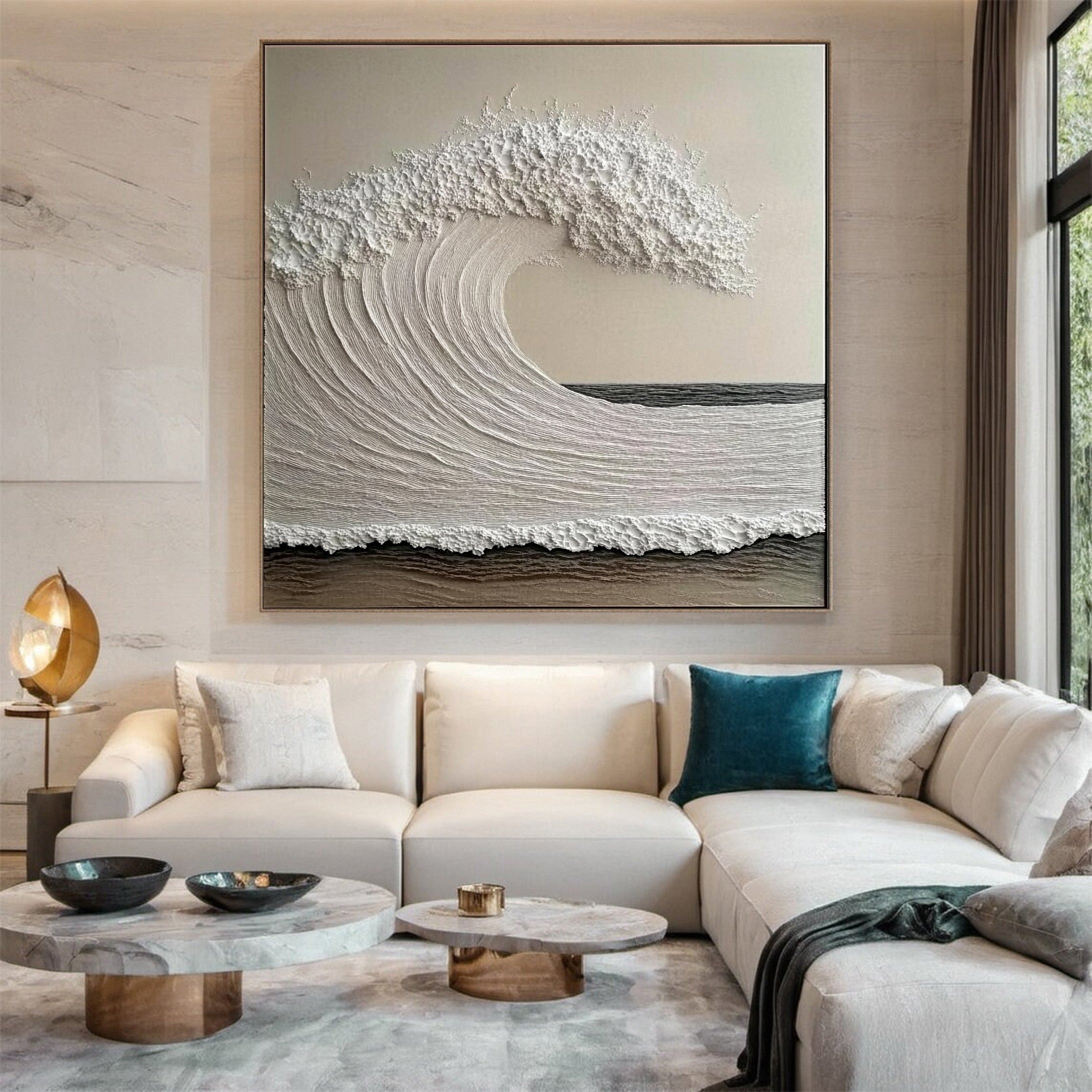 "Whispering Crest" – Textured Ocean Wave Canvas Wall Art in Neutral Tones