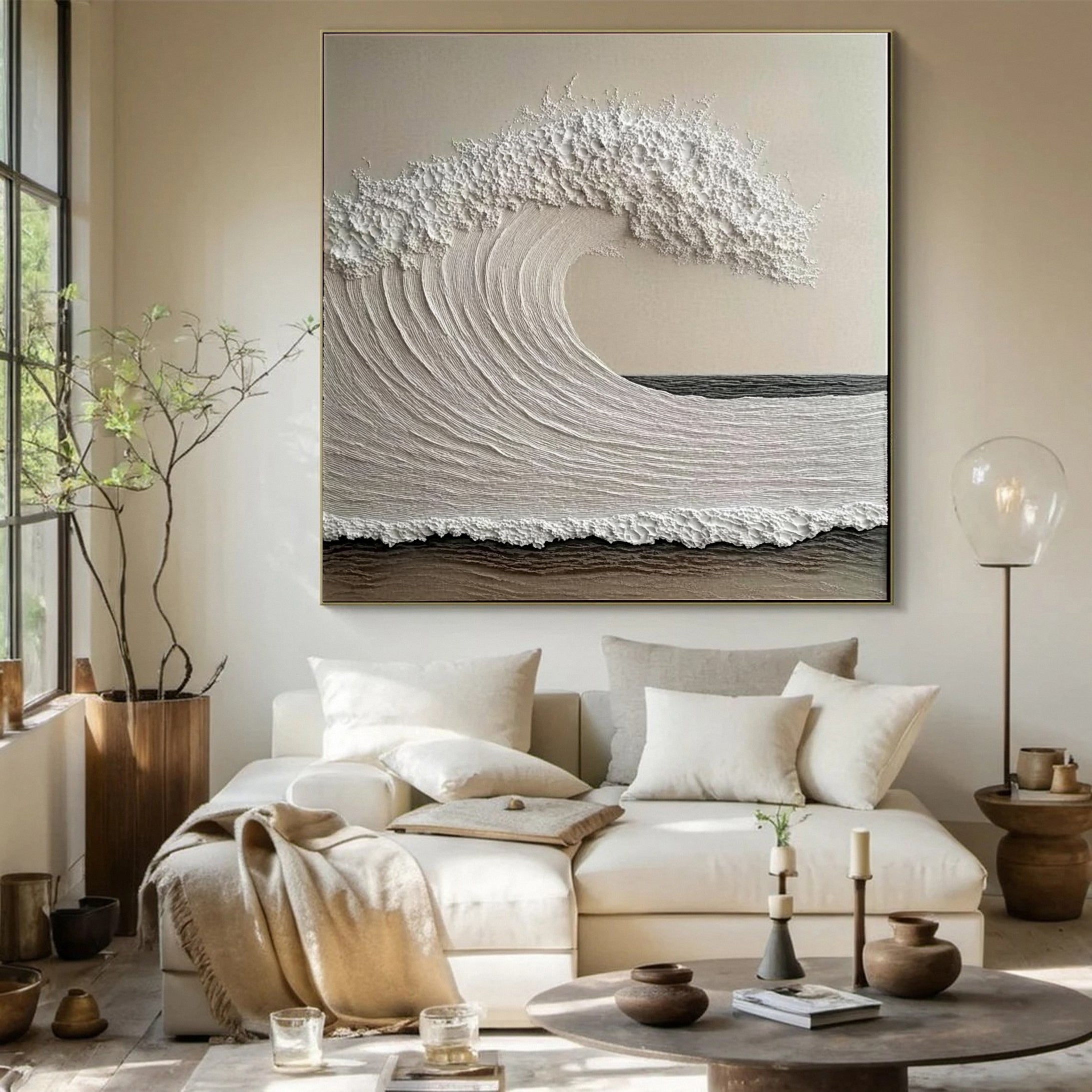 "Whispering Crest" – Textured Ocean Wave Canvas Wall Art in Neutral Tones