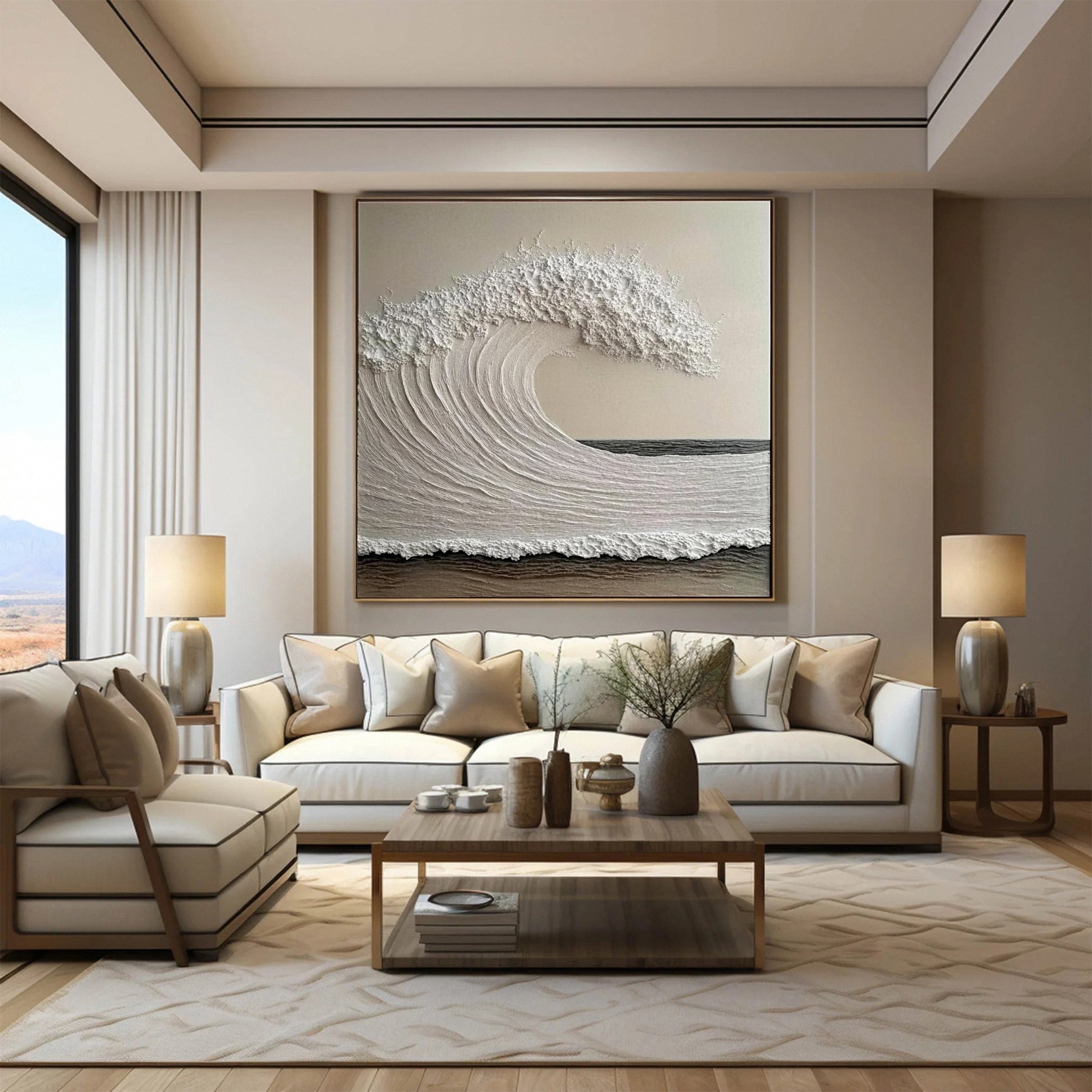 "Whispering Crest" – Textured Ocean Wave Canvas Wall Art in Neutral Tones