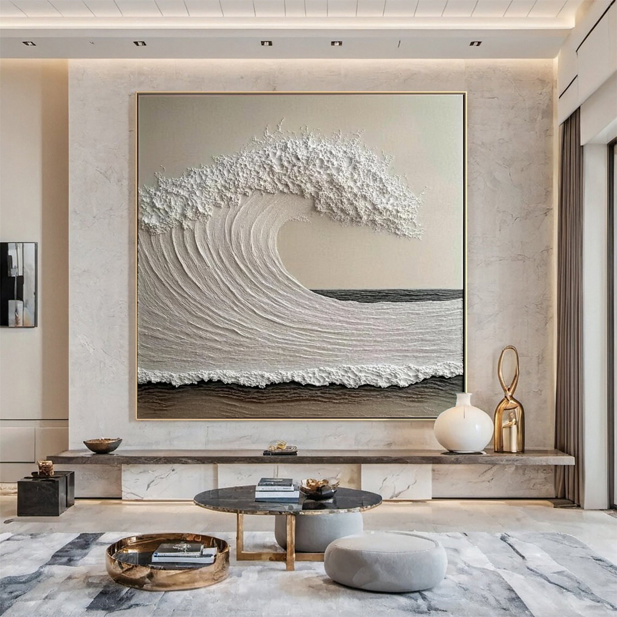 "Whispering Crest" – Textured Ocean Wave Canvas Wall Art in Neutral Tones