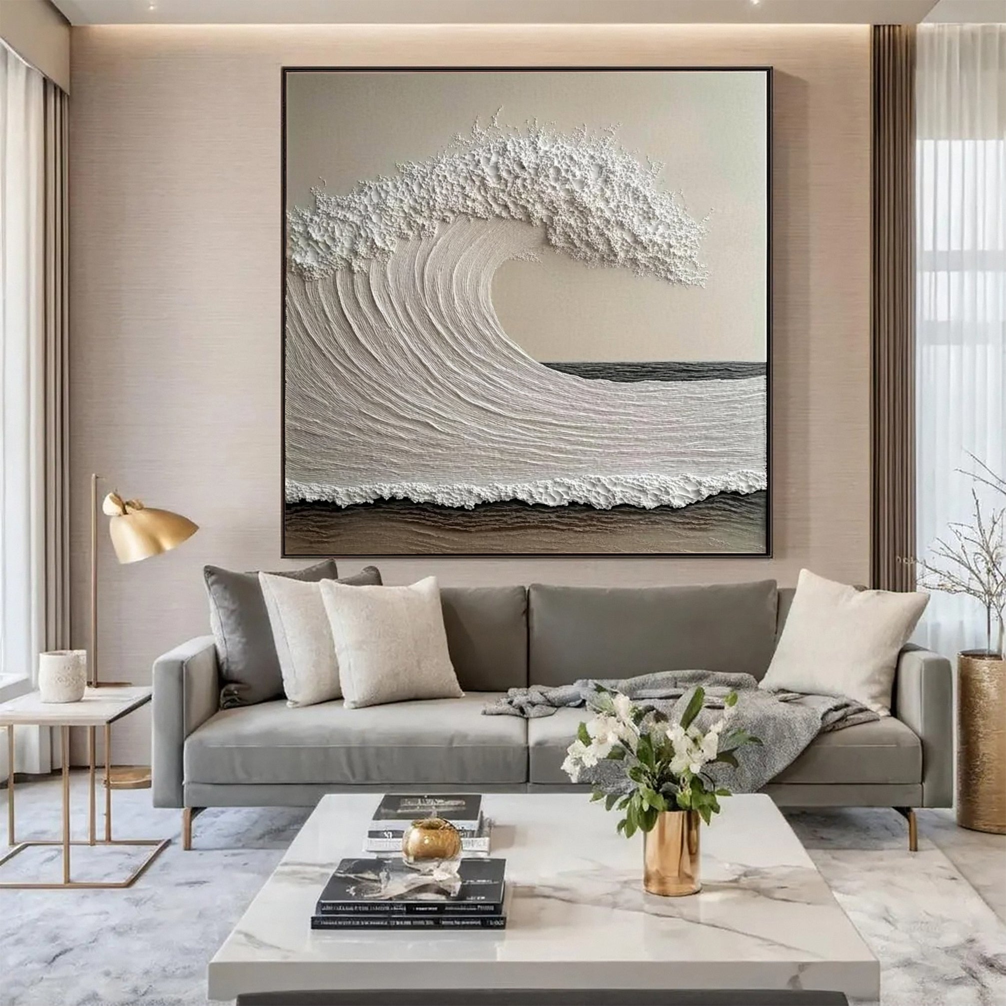 "Whispering Crest" – Textured Ocean Wave Canvas Wall Art in Neutral Tones