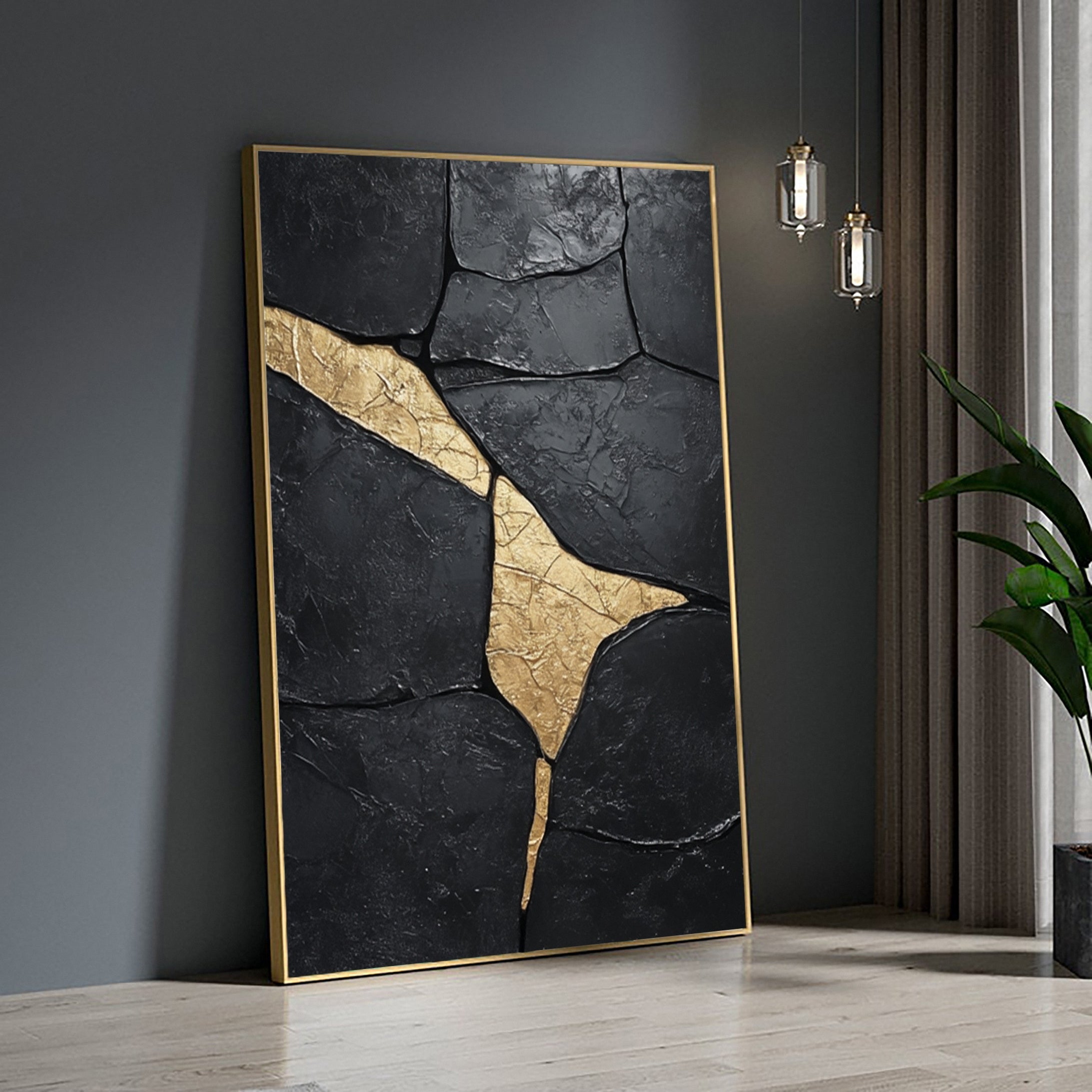 Midnight Gild: Textured Abstract Black Canvas with Golden Accent