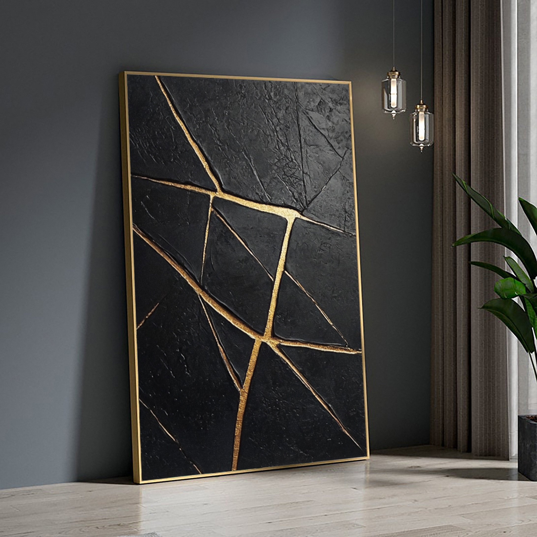 Golden Fractures: Black and Gold Textured Canvas