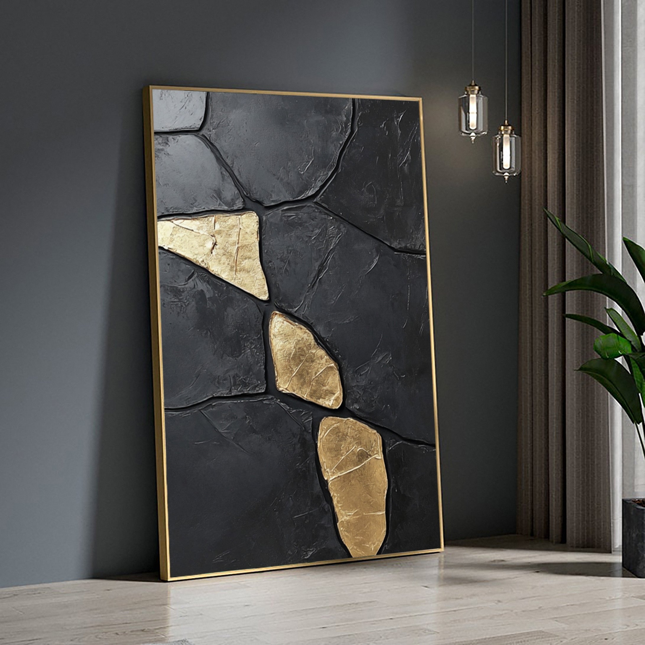 Midnight Gold: Abstract Black Canvas with Bold Golden Accents