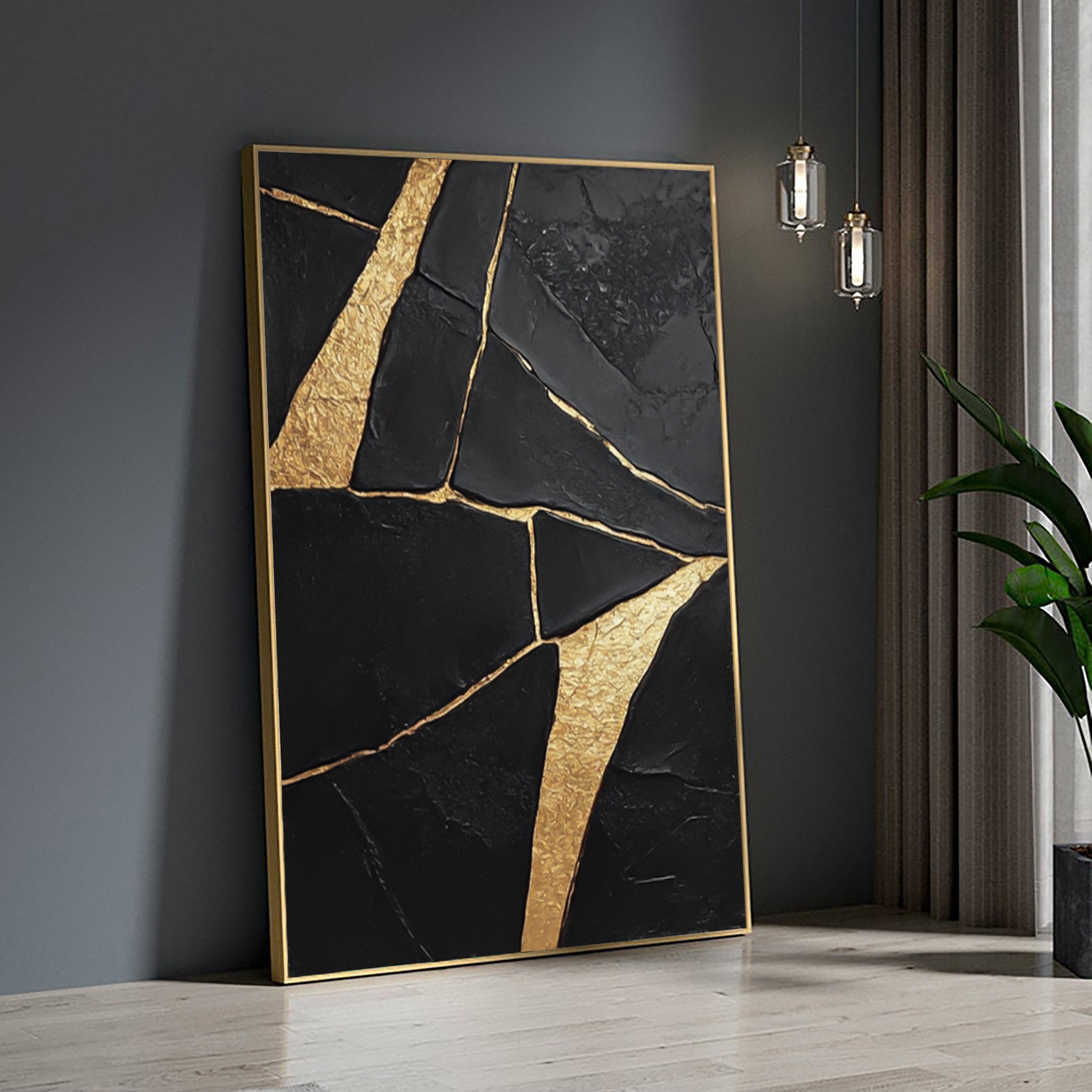 Golden Fractures: Bold Abstract Canvas with Striking Black and Gold Patterns