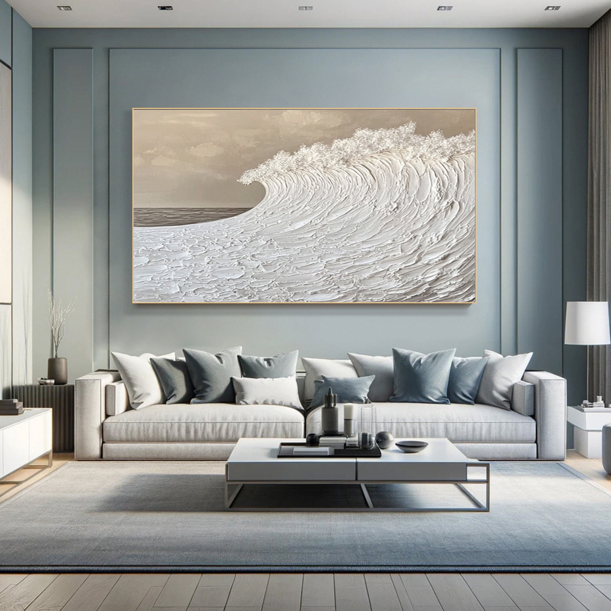 Serenity Wave: Textured Ocean Art in Monochrome Beige