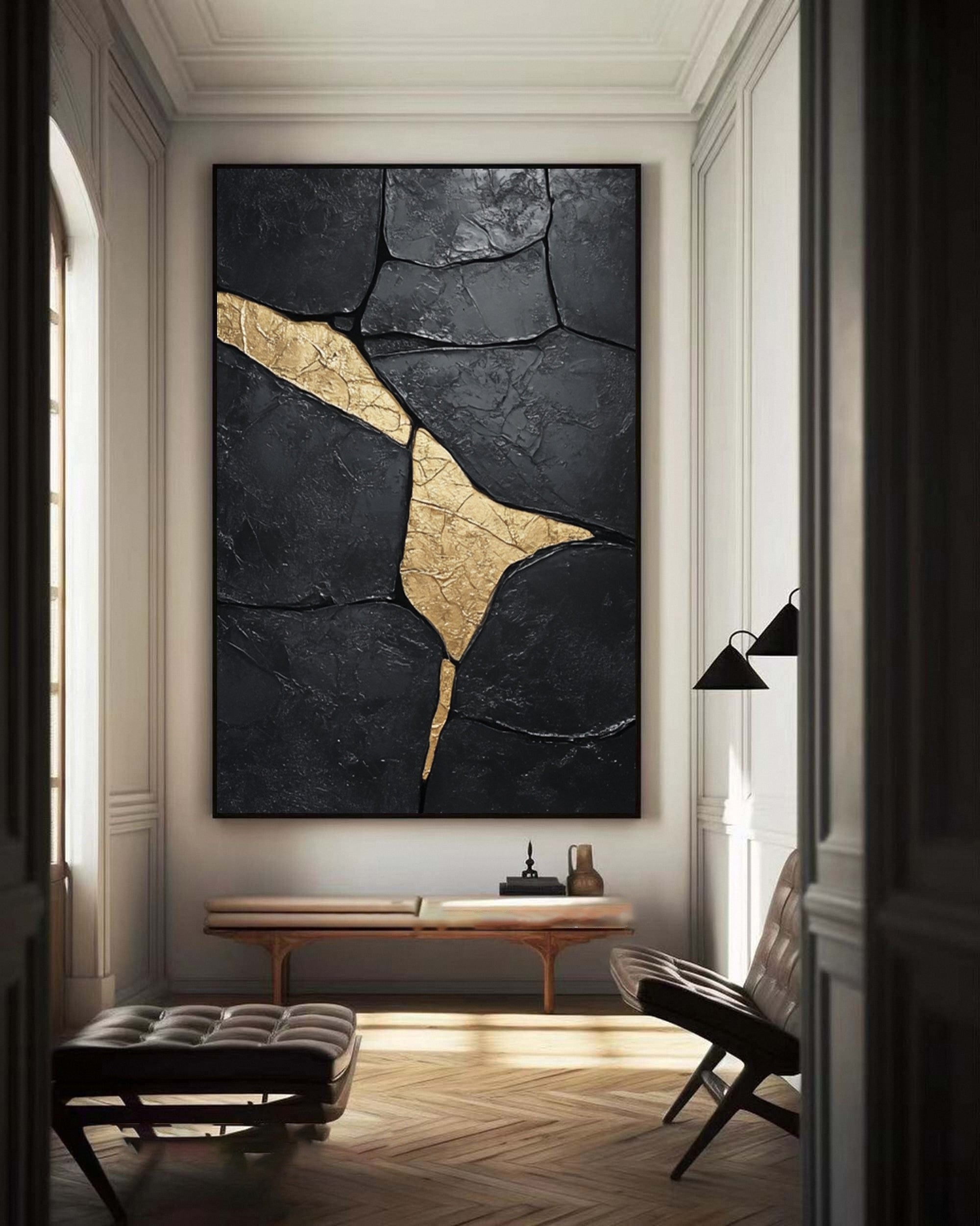 Midnight Gild: Textured Abstract Black Canvas with Golden Accent