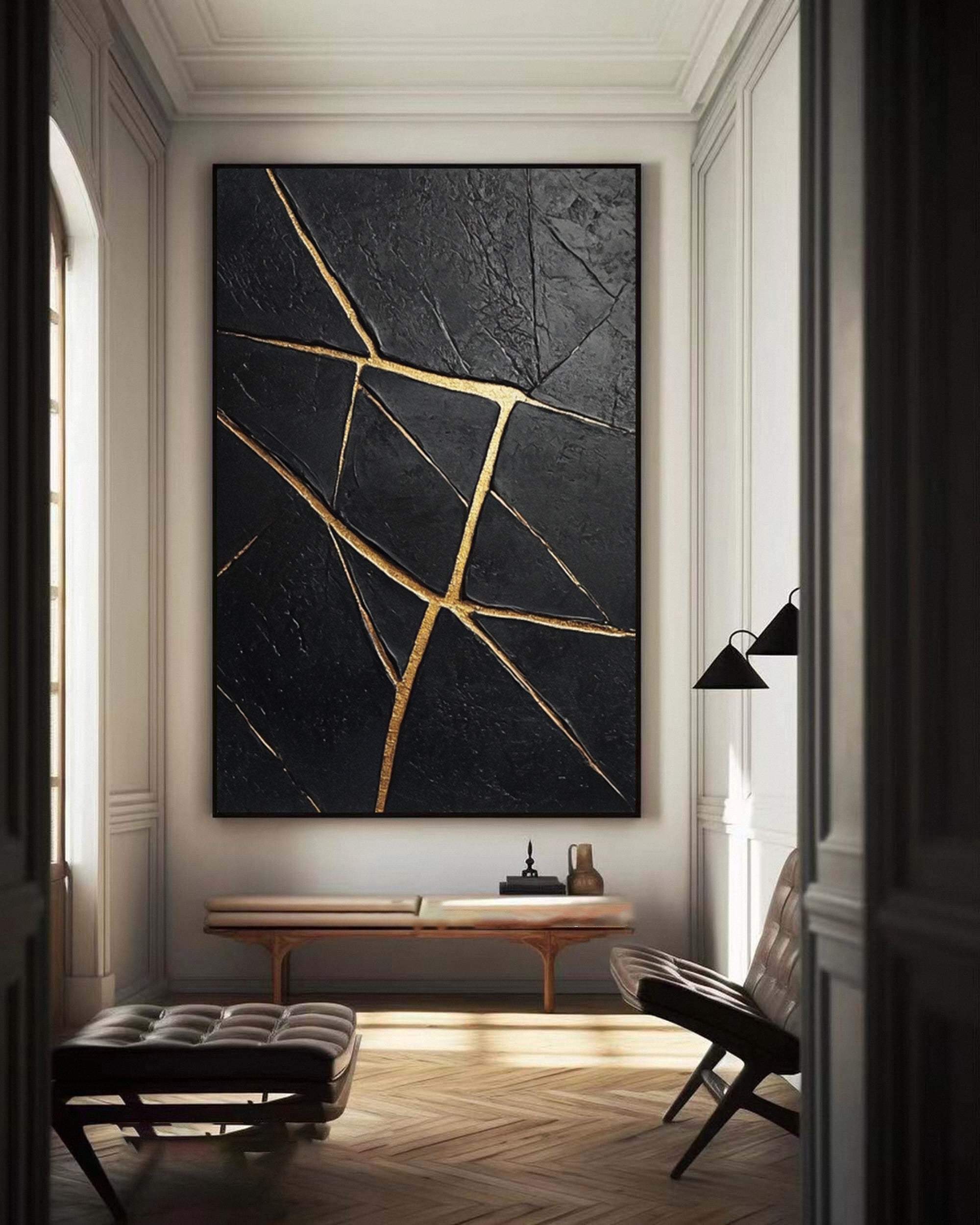 Golden Fractures: Black and Gold Textured Canvas