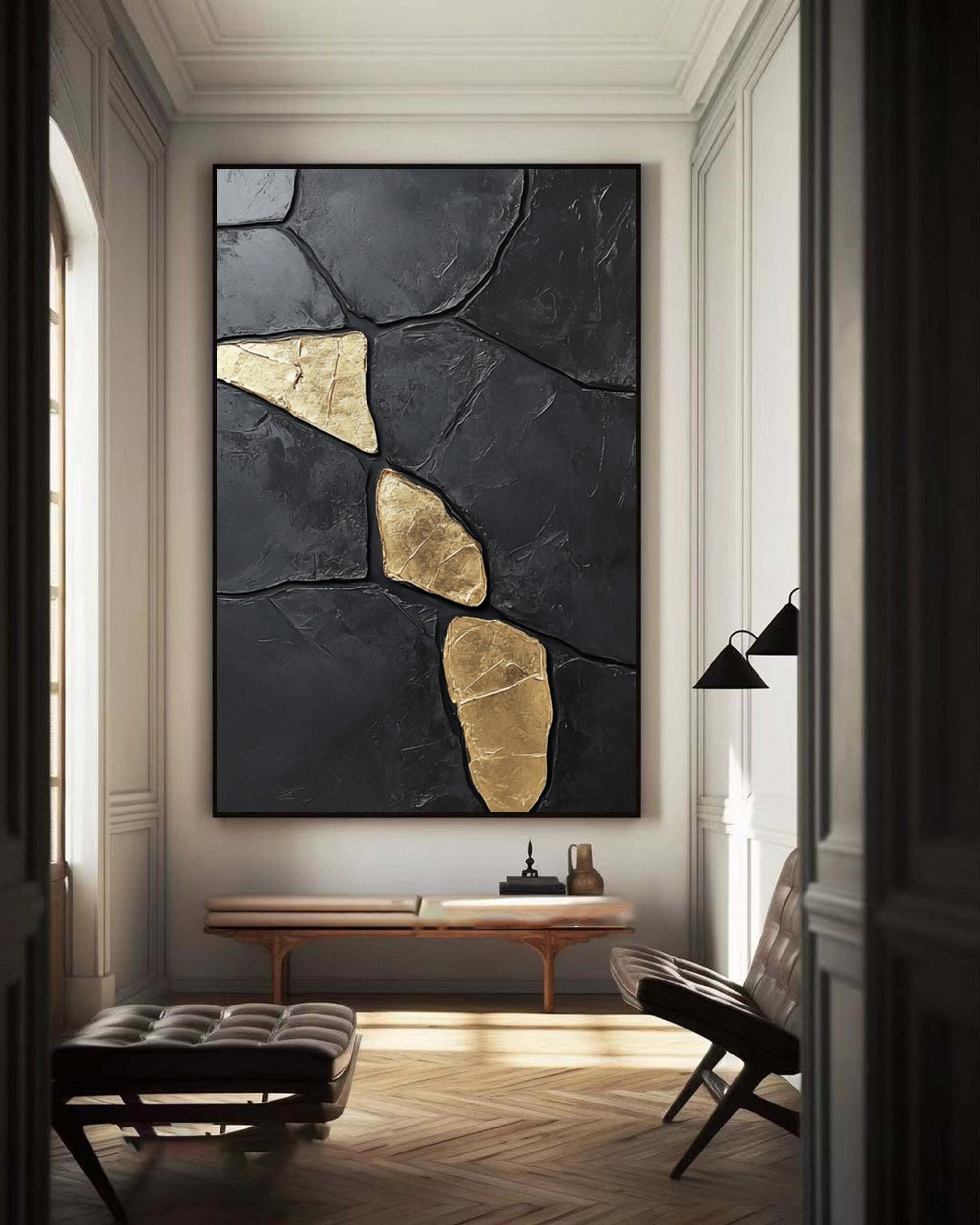 Midnight Gold: Abstract Black Canvas with Bold Golden Accents