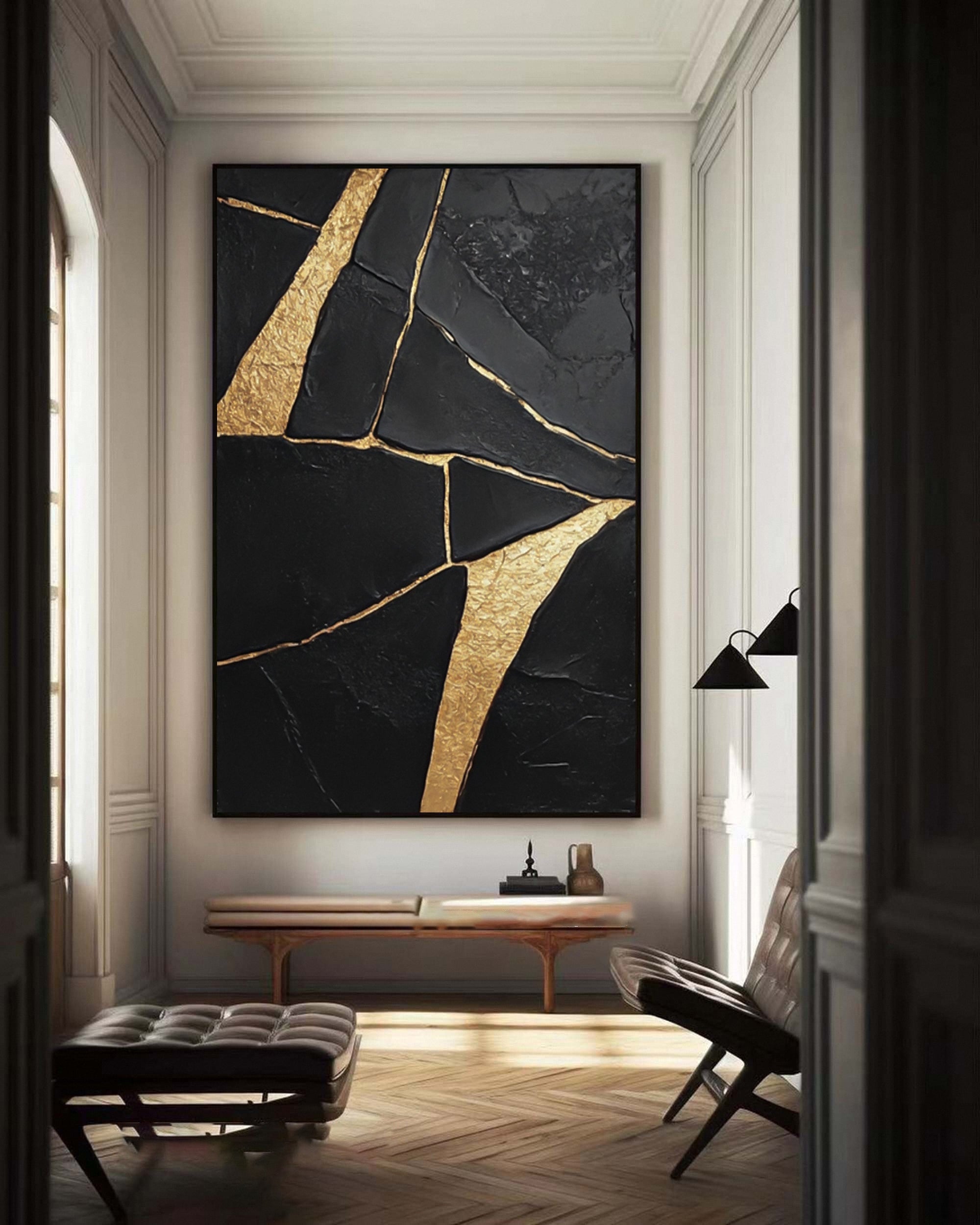 Golden Fractures: Bold Abstract Canvas with Striking Black and Gold Patterns