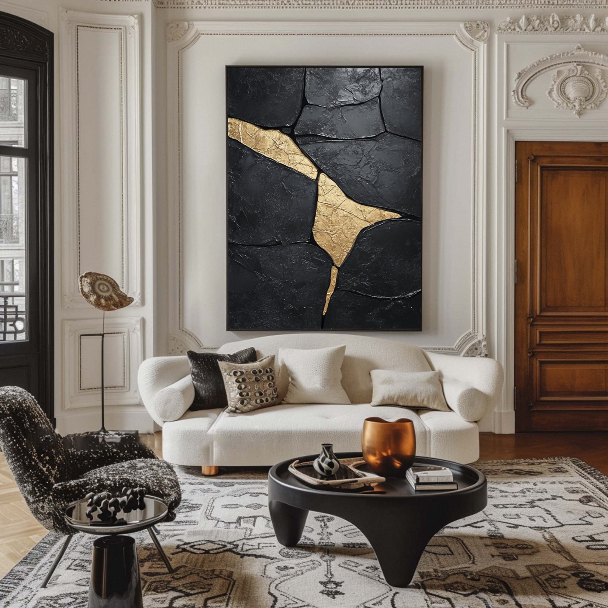 Midnight Gild: Textured Abstract Black Canvas with Golden Accent