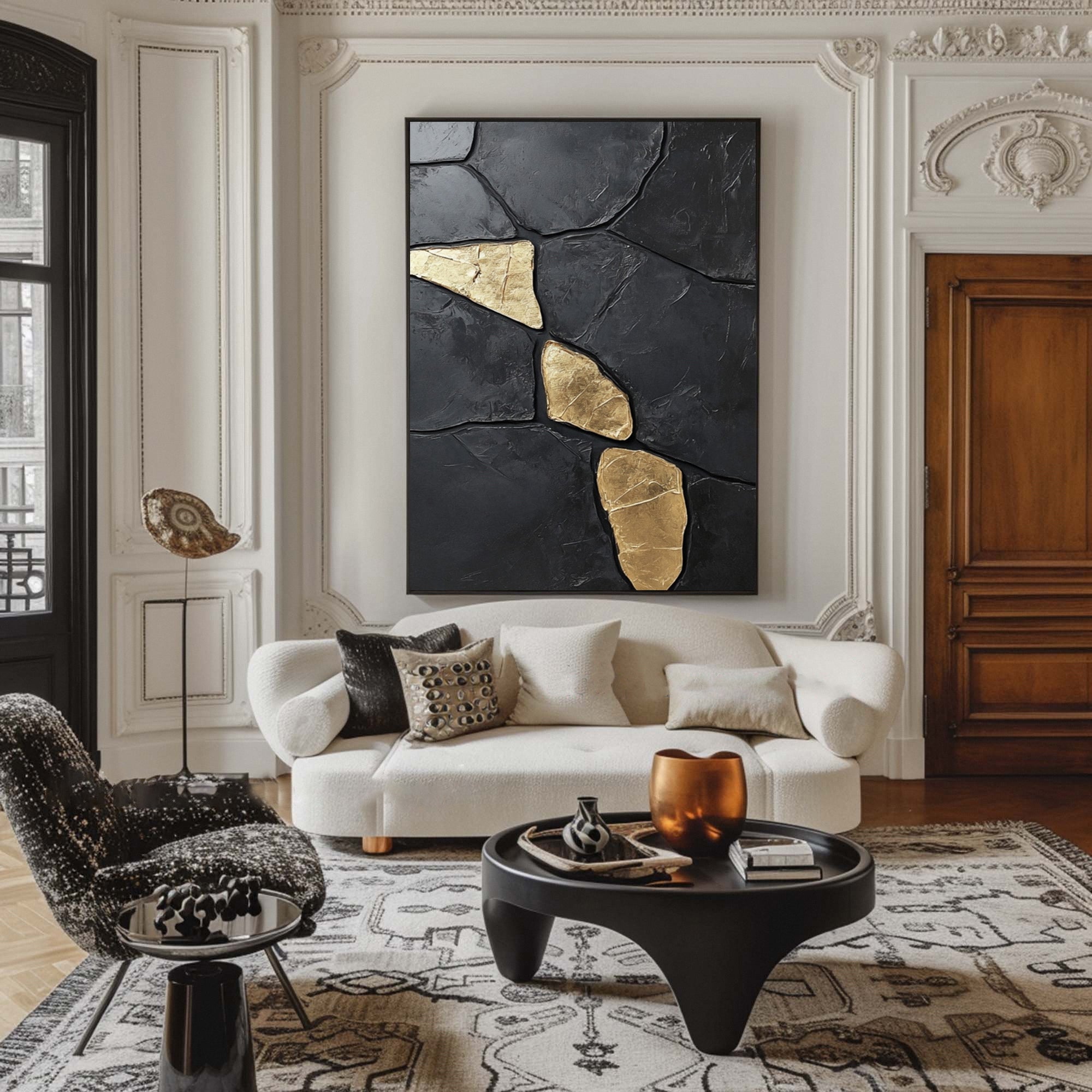 Midnight Gold: Abstract Black Canvas with Bold Golden Accents