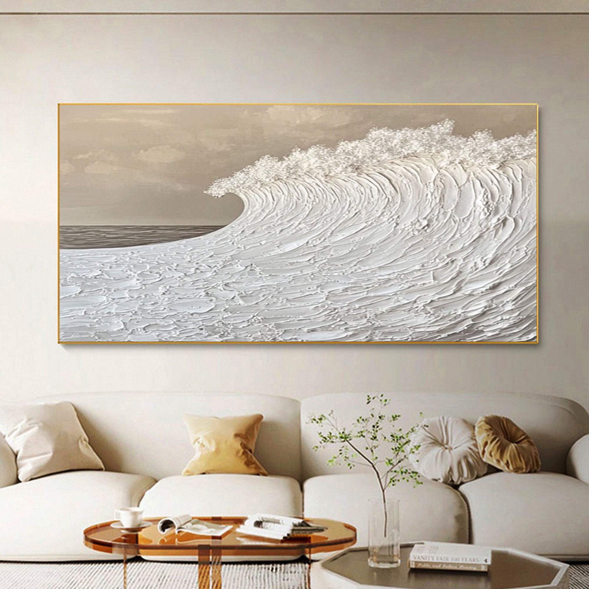 Serenity Wave: Textured Ocean Art in Monochrome Beige