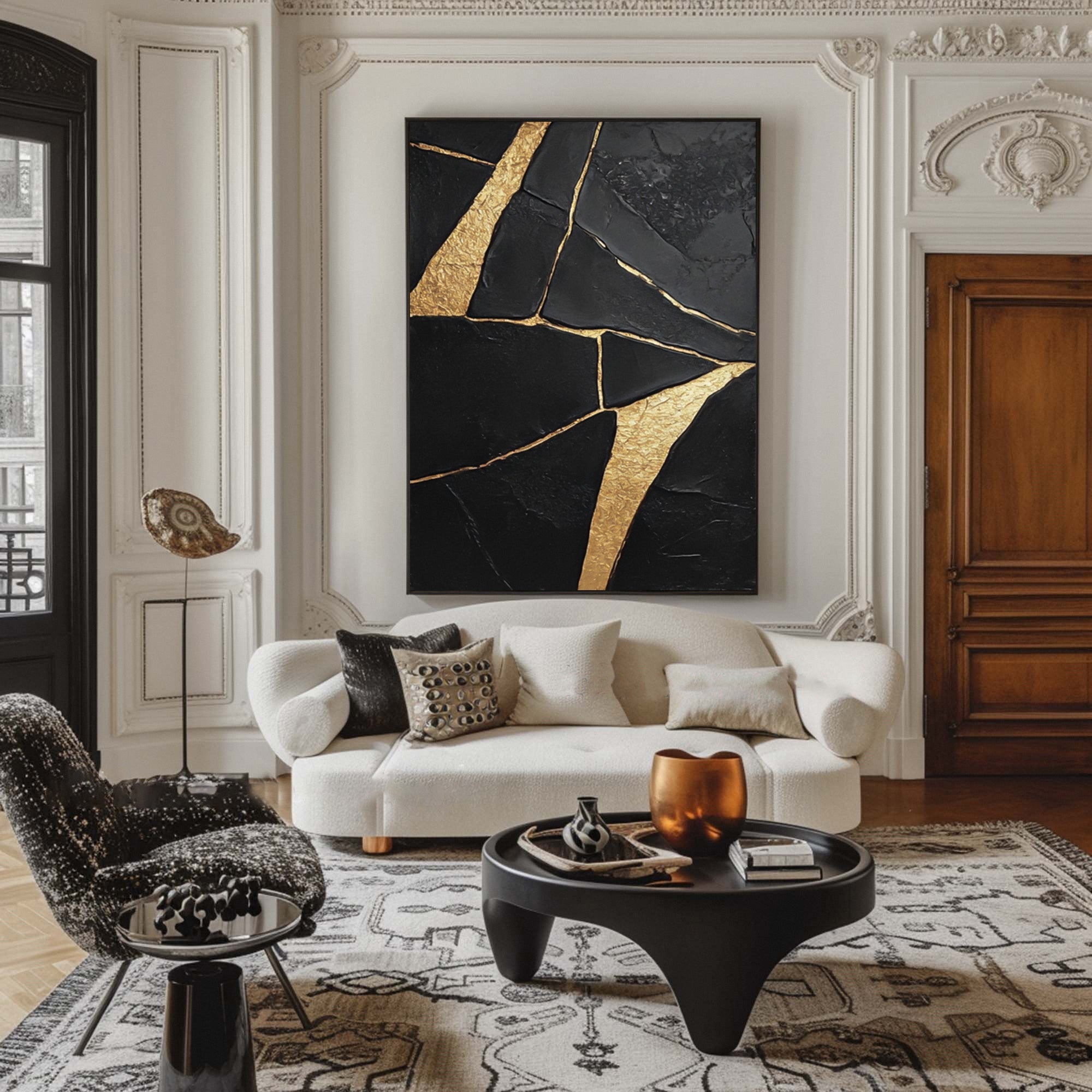 Golden Fractures: Bold Abstract Canvas with Striking Black and Gold Patterns