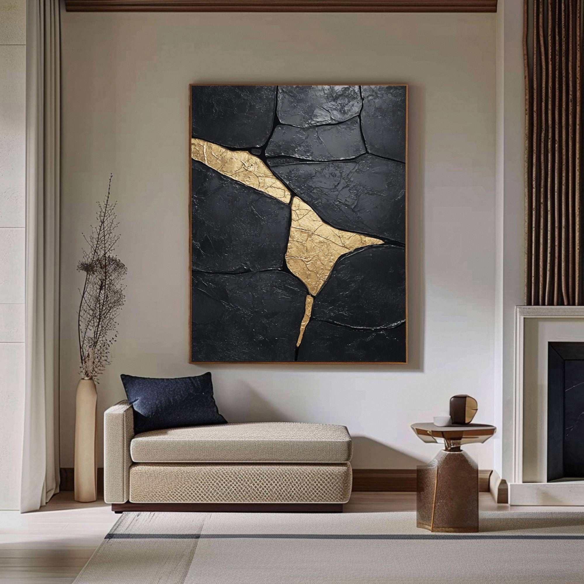 Midnight Gild: Textured Abstract Black Canvas with Golden Accent