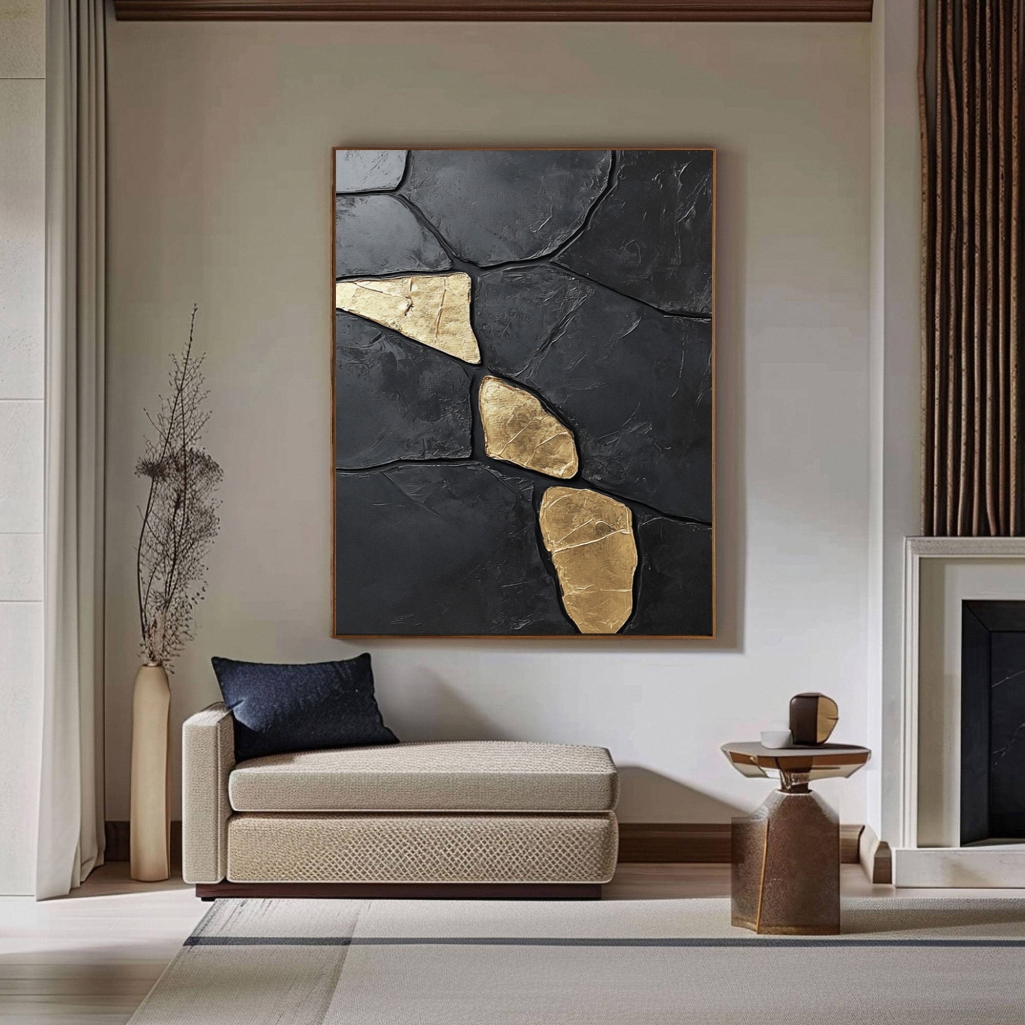 Midnight Gold: Abstract Black Canvas with Bold Golden Accents