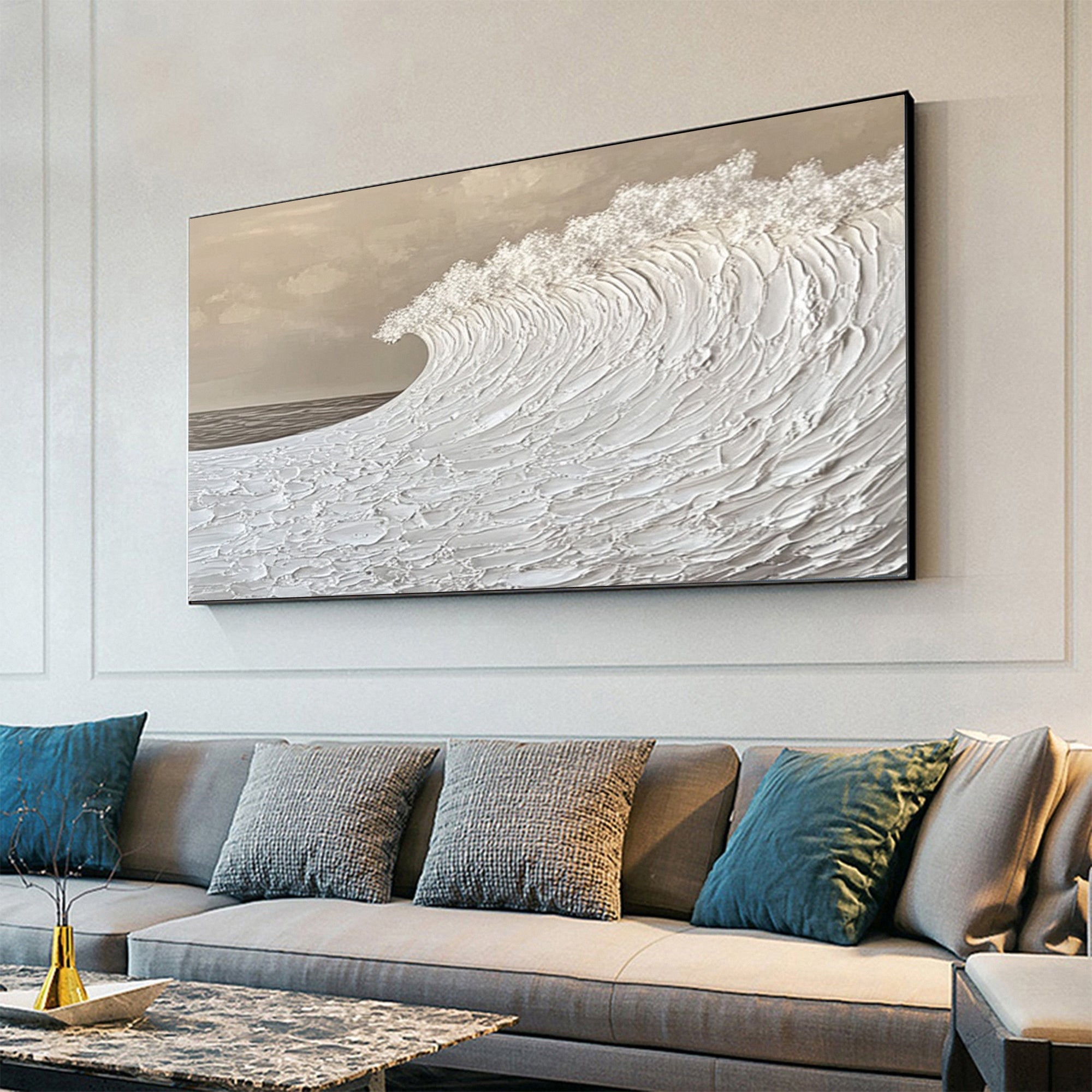 Serenity Wave: Textured Ocean Art in Monochrome Beige