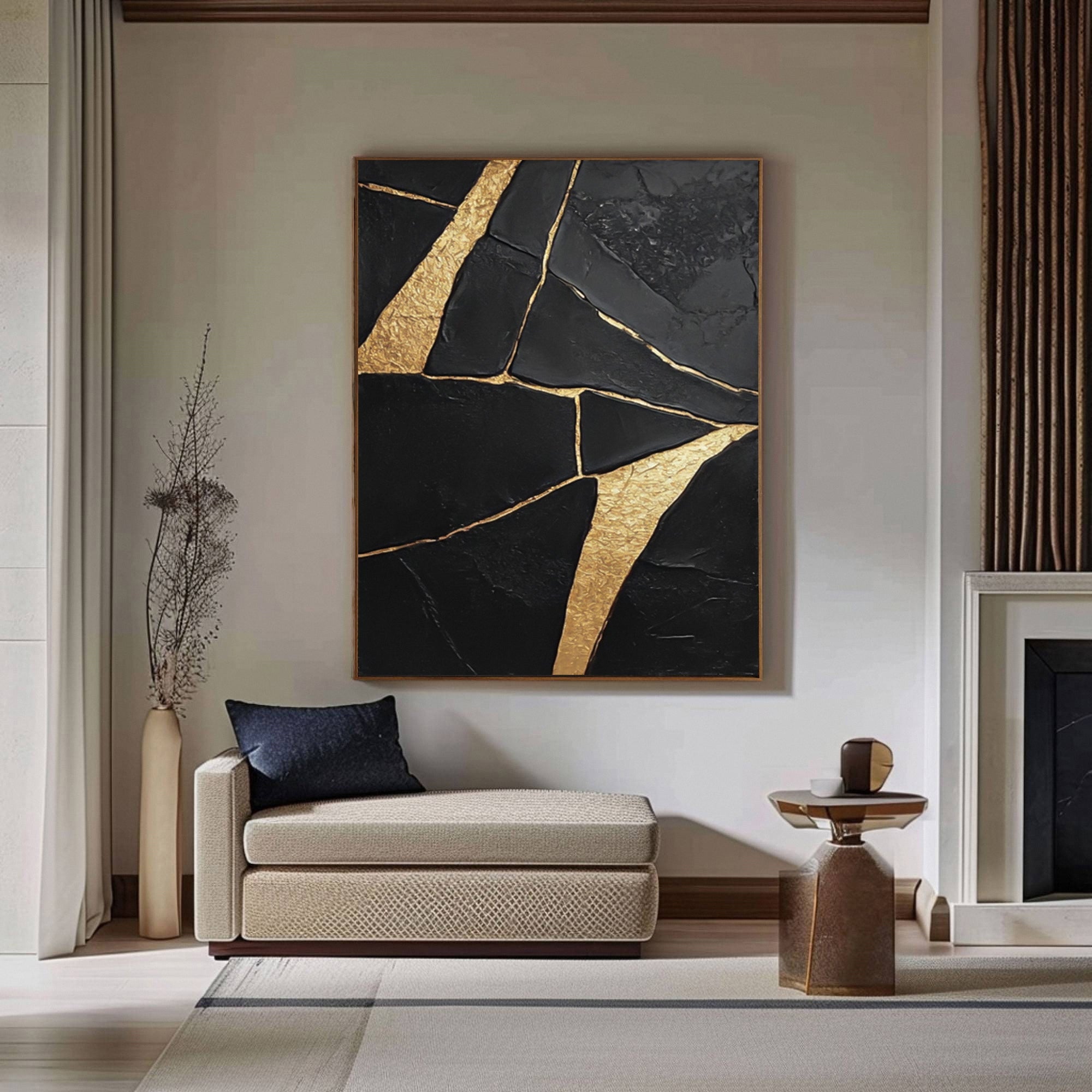 Golden Fractures: Bold Abstract Canvas with Striking Black and Gold Patterns