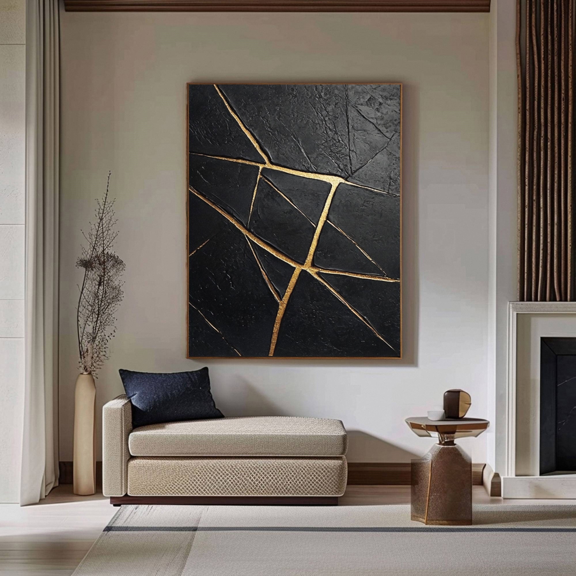 Golden Fractures: Black and Gold Textured Canvas