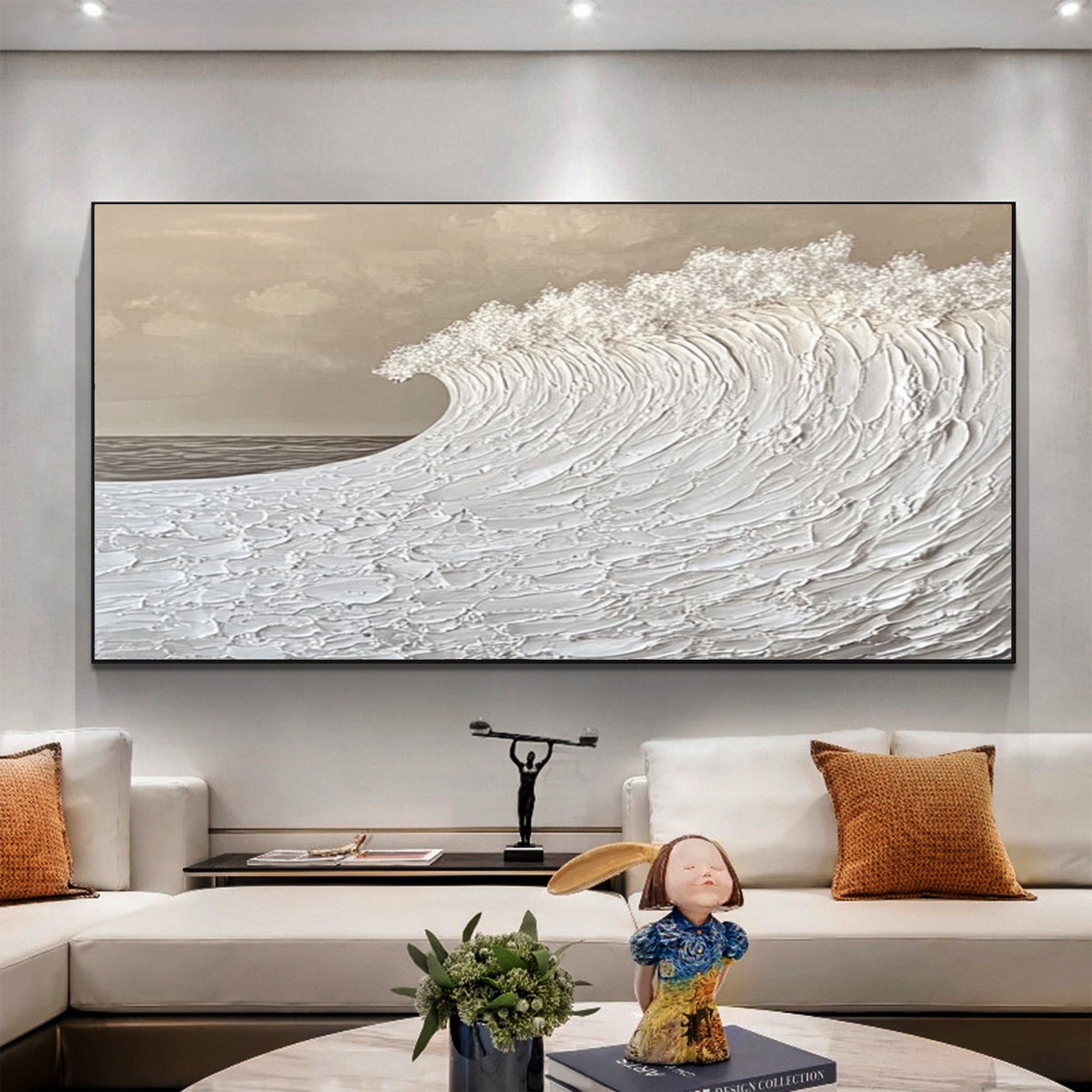 Serenity Wave: Textured Ocean Art in Monochrome Beige