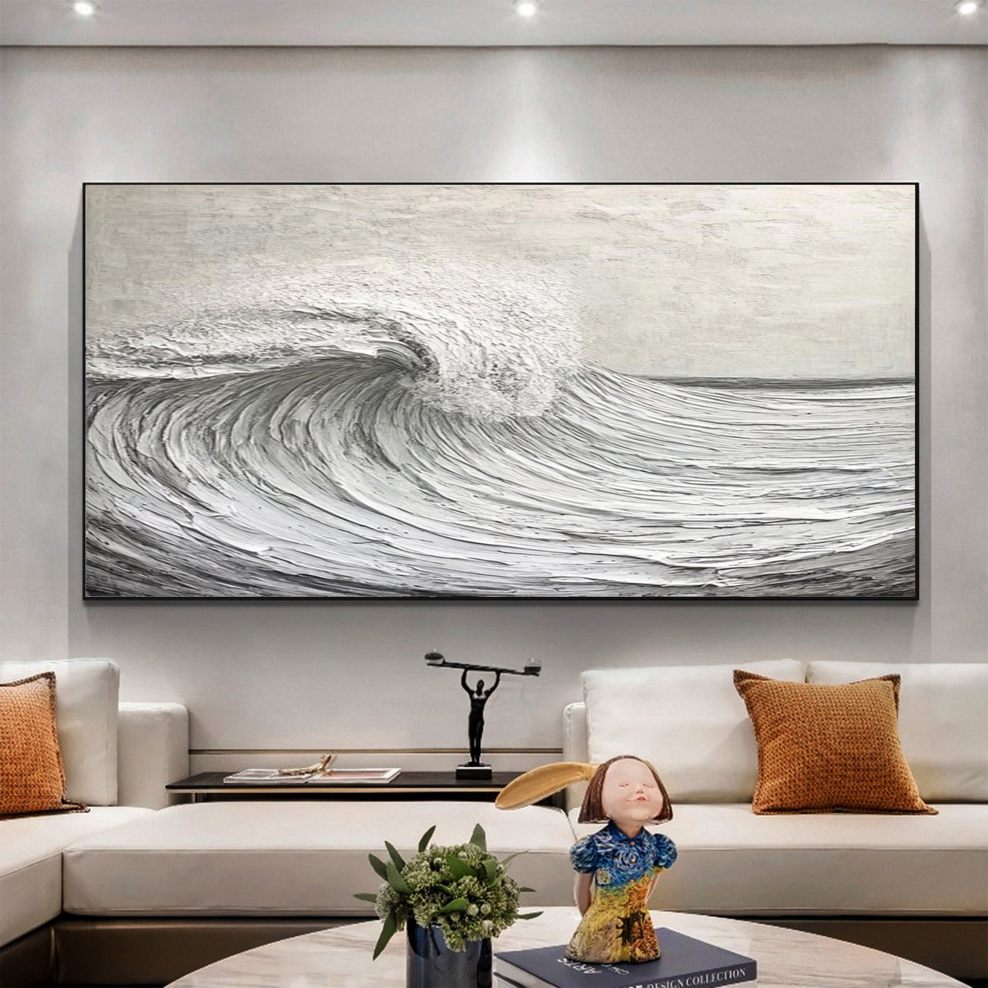 Silver Tide: Monochrome Textured Wave Art