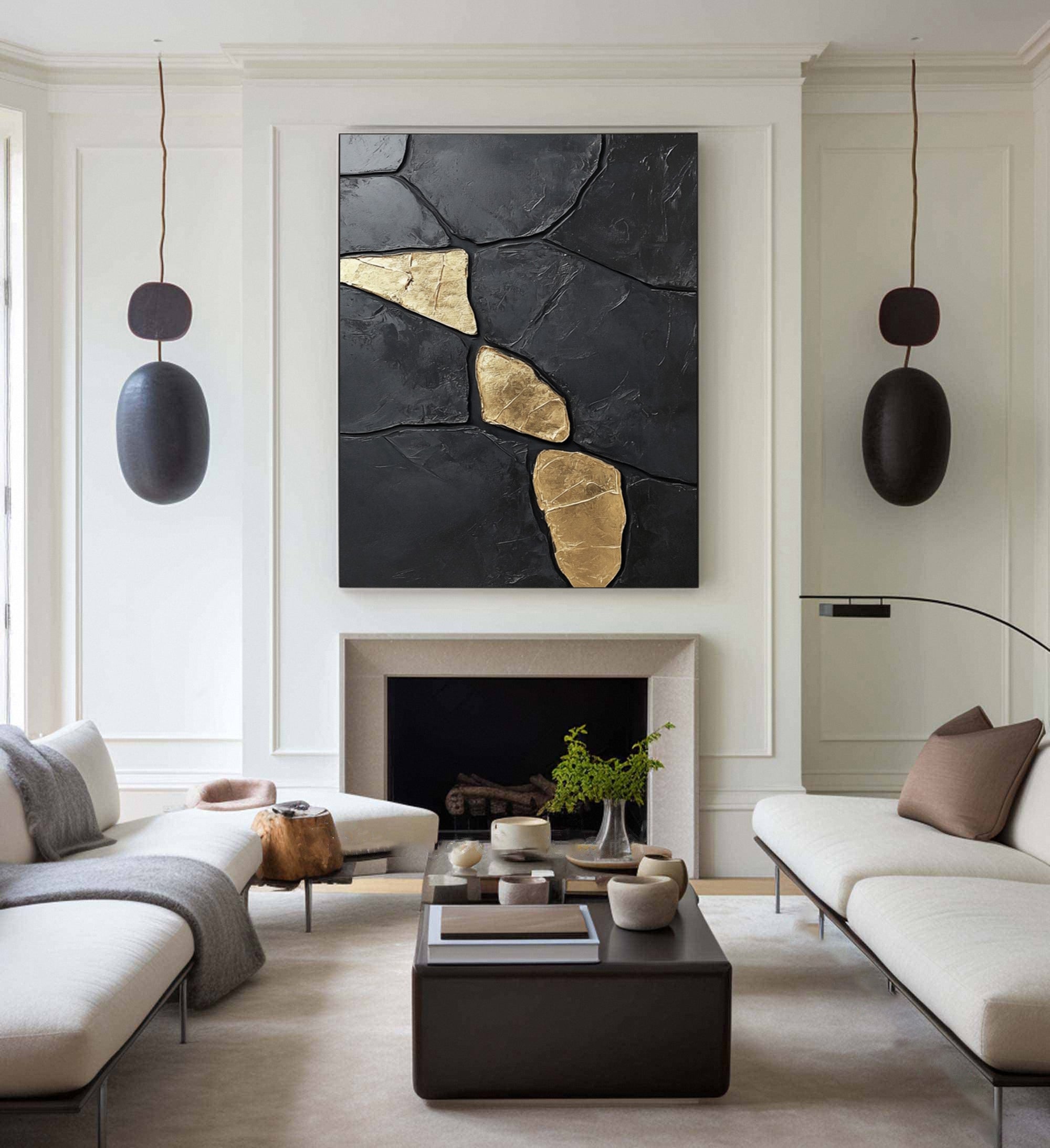 Midnight Gold: Abstract Black Canvas with Bold Golden Accents